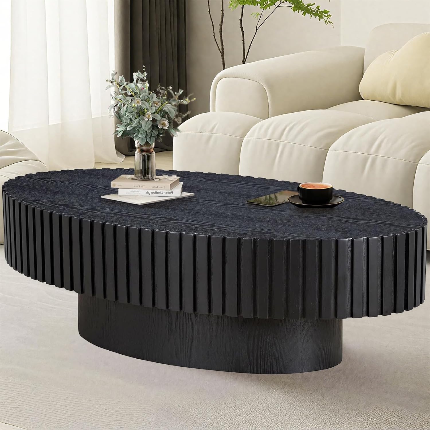 43.3'' Oval Fluted Coffee Table, Minimalist Modern Drum Coffee Tables Wood Center Table Contemporary Small Tea Tables for Living Room Small Space Apartment,Easy Assembly,Black Oval