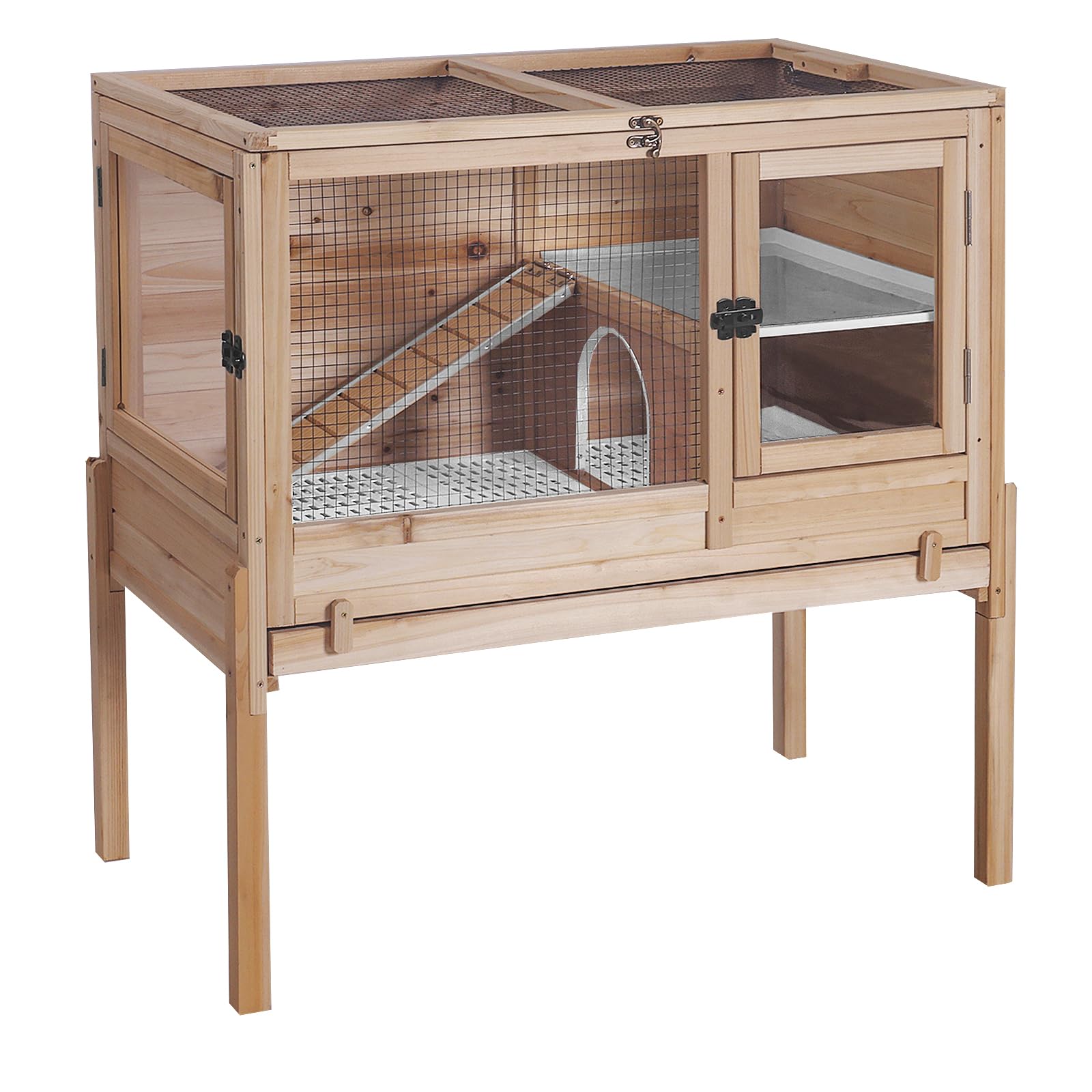 GUTINNEEN Guinea Pig Cages with Anti Chewing Sturdy Plastic Floor and Cool Zinc Plate, Indoor Rabbit Hutch with Hideout and PVC Platform, Elevated Legs Hamster Cage 36.6" L (Nature)