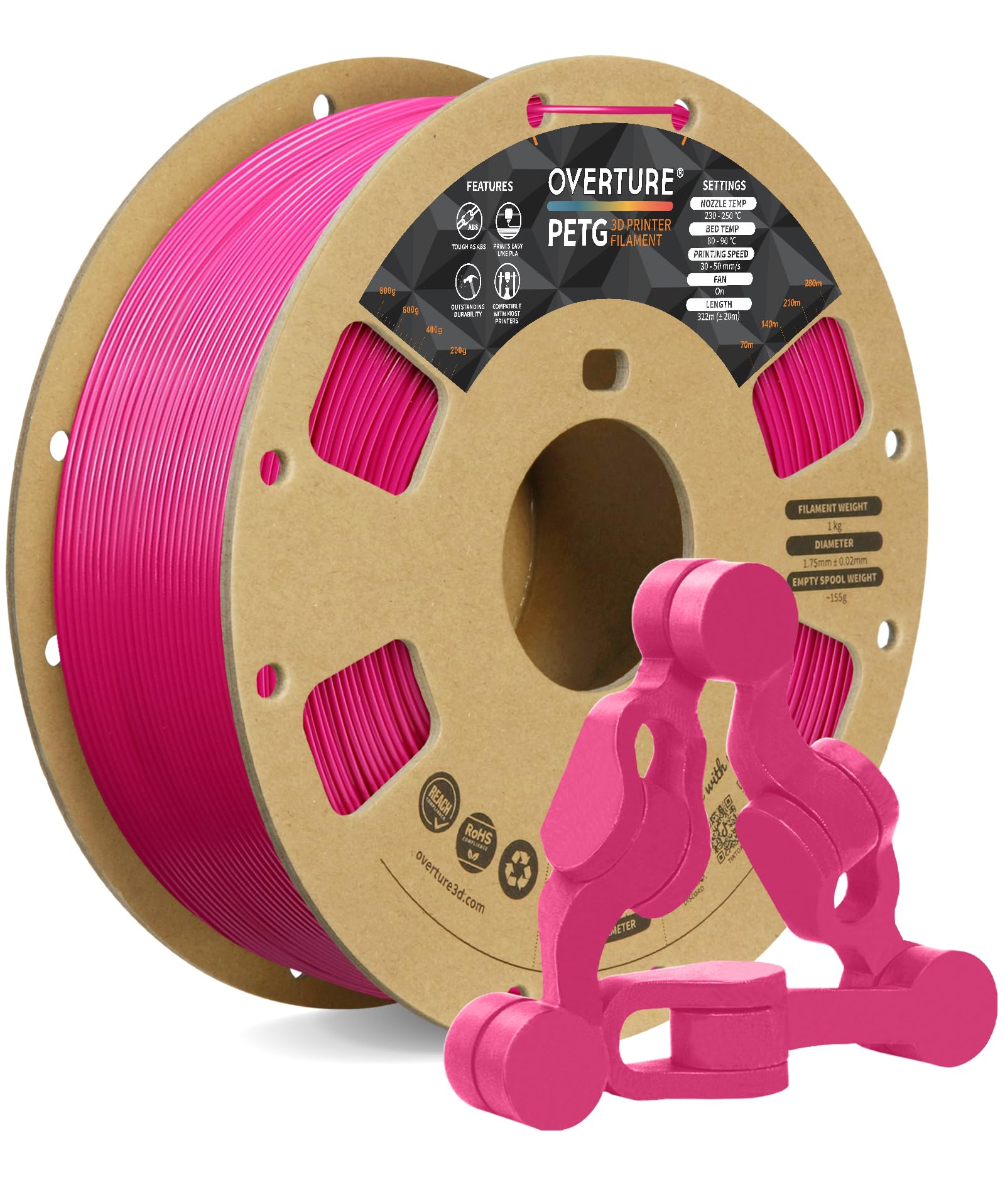 OVERTURE Filamento PETG 1.75mm, 1kg Bobina(2.2lbs), Neatly Wound Durevole PETG Filament per Stampante 3D, Precisione Dimensionale +/- 0.02 mm, 3D Printer Filamento (Magenta)