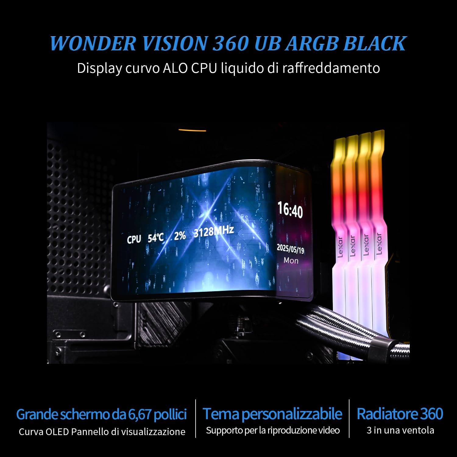 TR - Wonder Vision 360 UB ARGB Nero AIO CPU Liquid Cooler, per AM5 / Intel LGA1851 / 1700, schermo curvo 3D da 6,67 pollici con risoluzioni 2400 x 1080, schermo del pannello magnetico