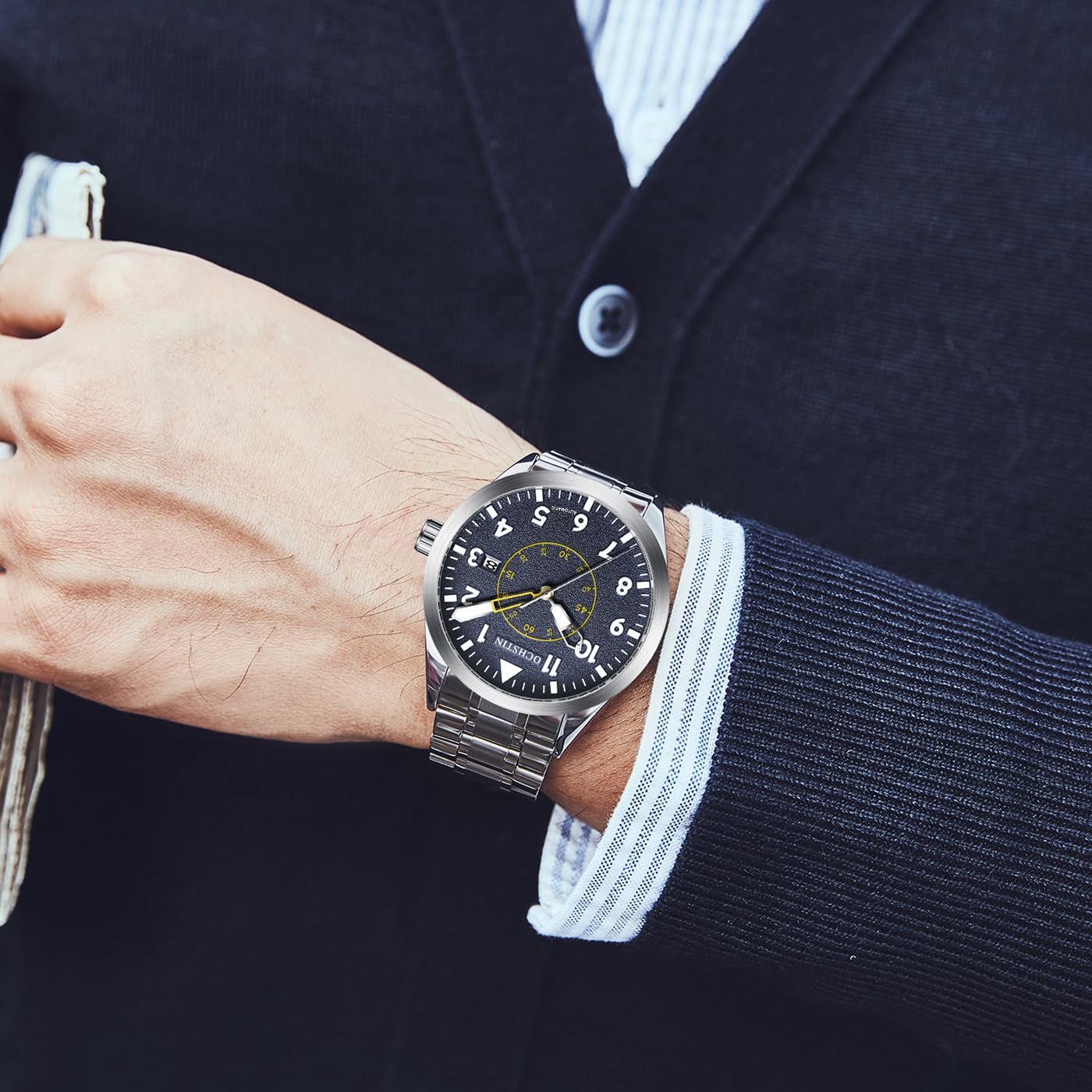 Orologio Meccanico Automatico da Uomo a Carica Automatica Datario Militare Sportivo da Uomo con Cinturino in Pelle/Acciaio Inossidabile