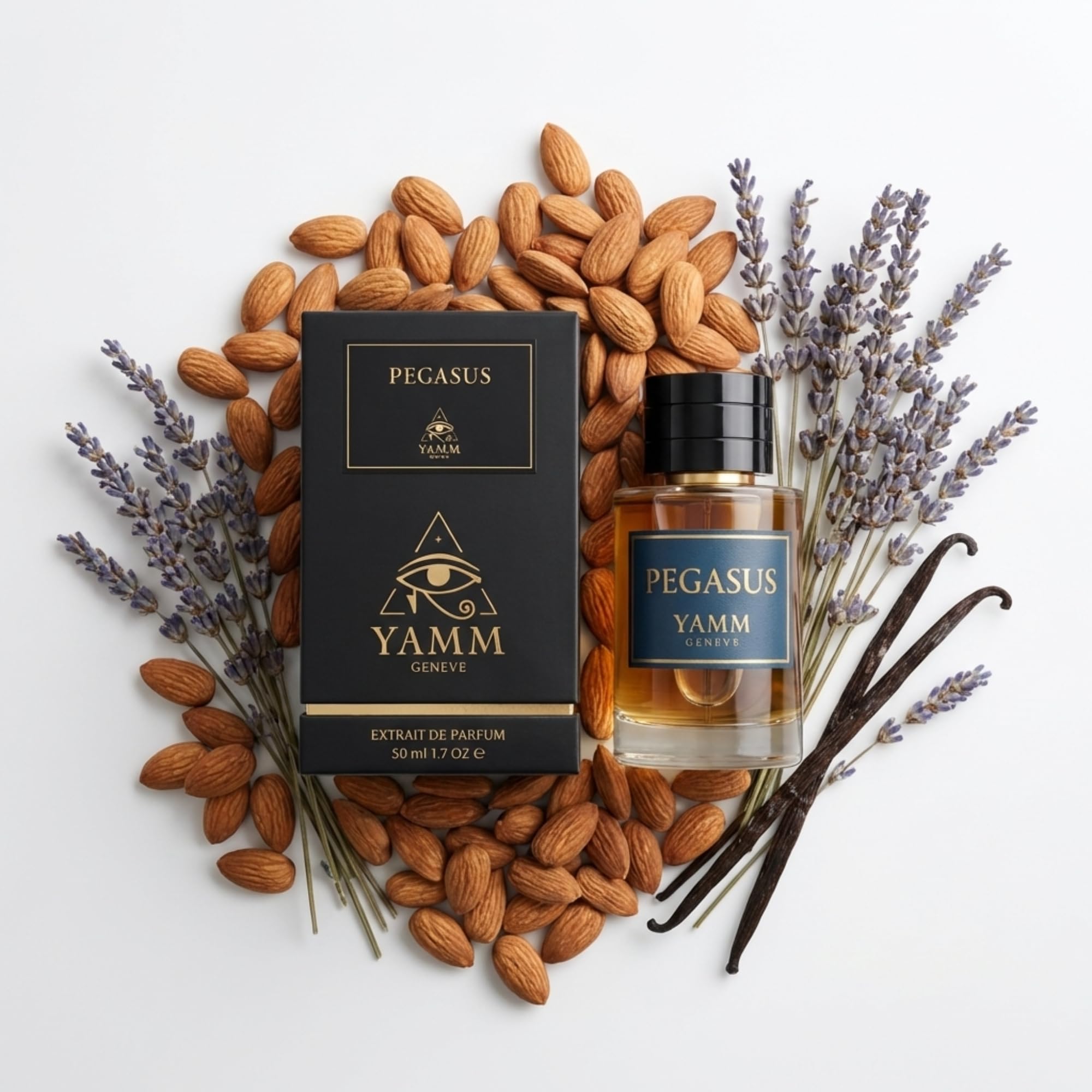 Pegasus – Extrait de Parfum Homme – Amande & Vanille – 50 ml | Accord floral amandé, crémeux et boisé, à la tenue durable, avec bergamote, lavande, jasmin, vanille et santal.