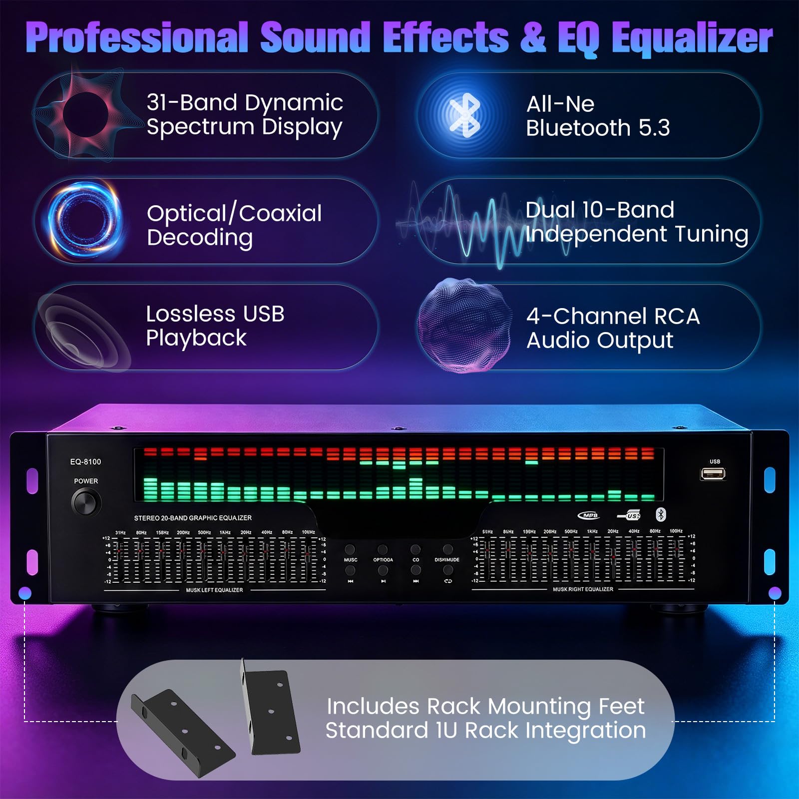 Ecualizador digital de 31 bandas con indicador LED de espectro – EQ gráfico estéreo profesional y procesador de sonido, control de sonido dual, reducción de ruido para estudios, grabaciones y
