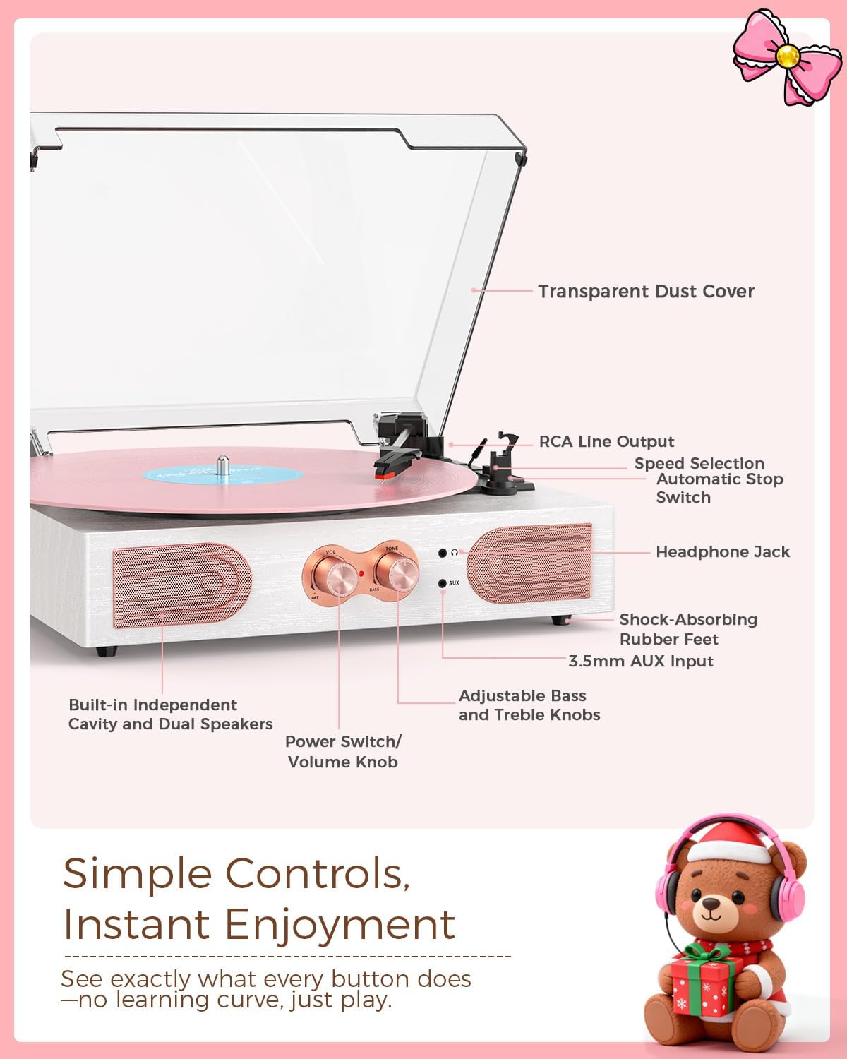 Vinyl Record Player, White & Rose Gold, Built-in Speakers, 3-Speed Belt-Drive Turntable for Beginners, Easy Setup, Vintage Style Record Player Gift