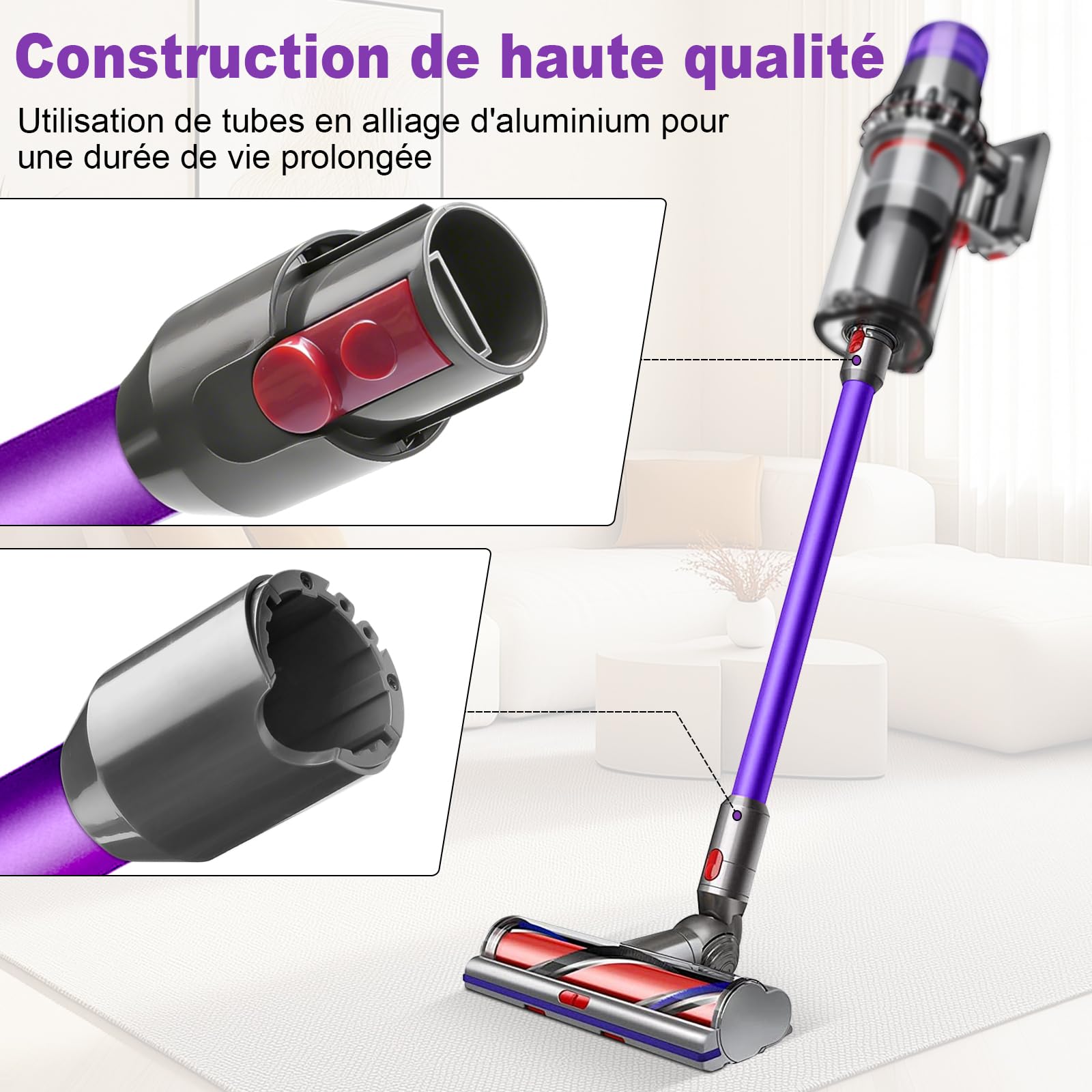 Tube Extension pour Dyson V12 Detect Slim / V10 Digital Slim Aspirateur，Accessoire de Tube Rallonge avec Dégagement Rapide 74cm，Rechange pour Tuyau D'aspiration (Violet）