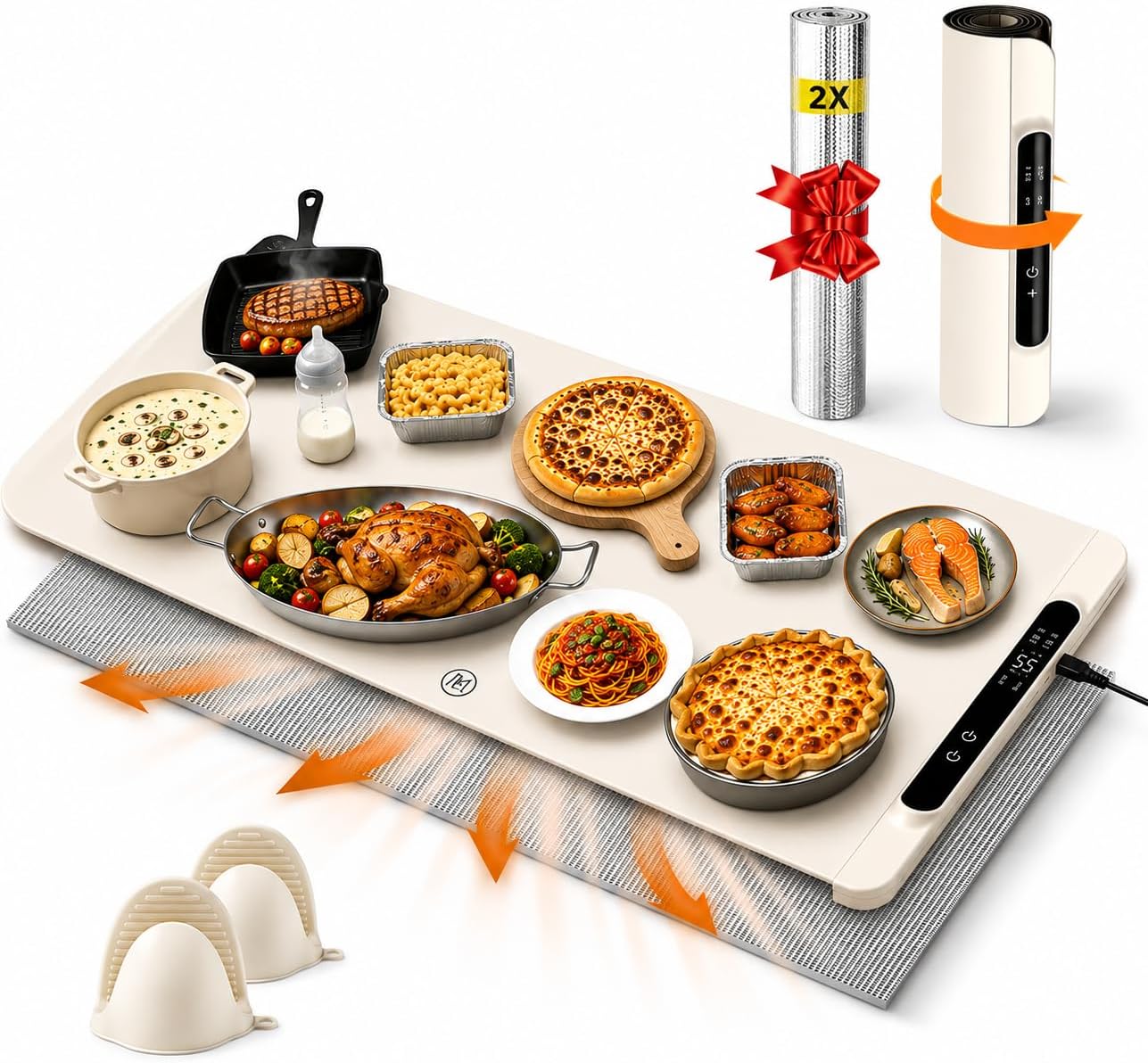 Food Warming Mat Extra Large 36" x 15", Electric Food Warmer for Parties & Buffet, 6 Smart Modes, 50-100°C Adjustable Temperature, 10H Timer & Child Lock, Includes Heat-Resistant Pad & 2 Oven Mitts