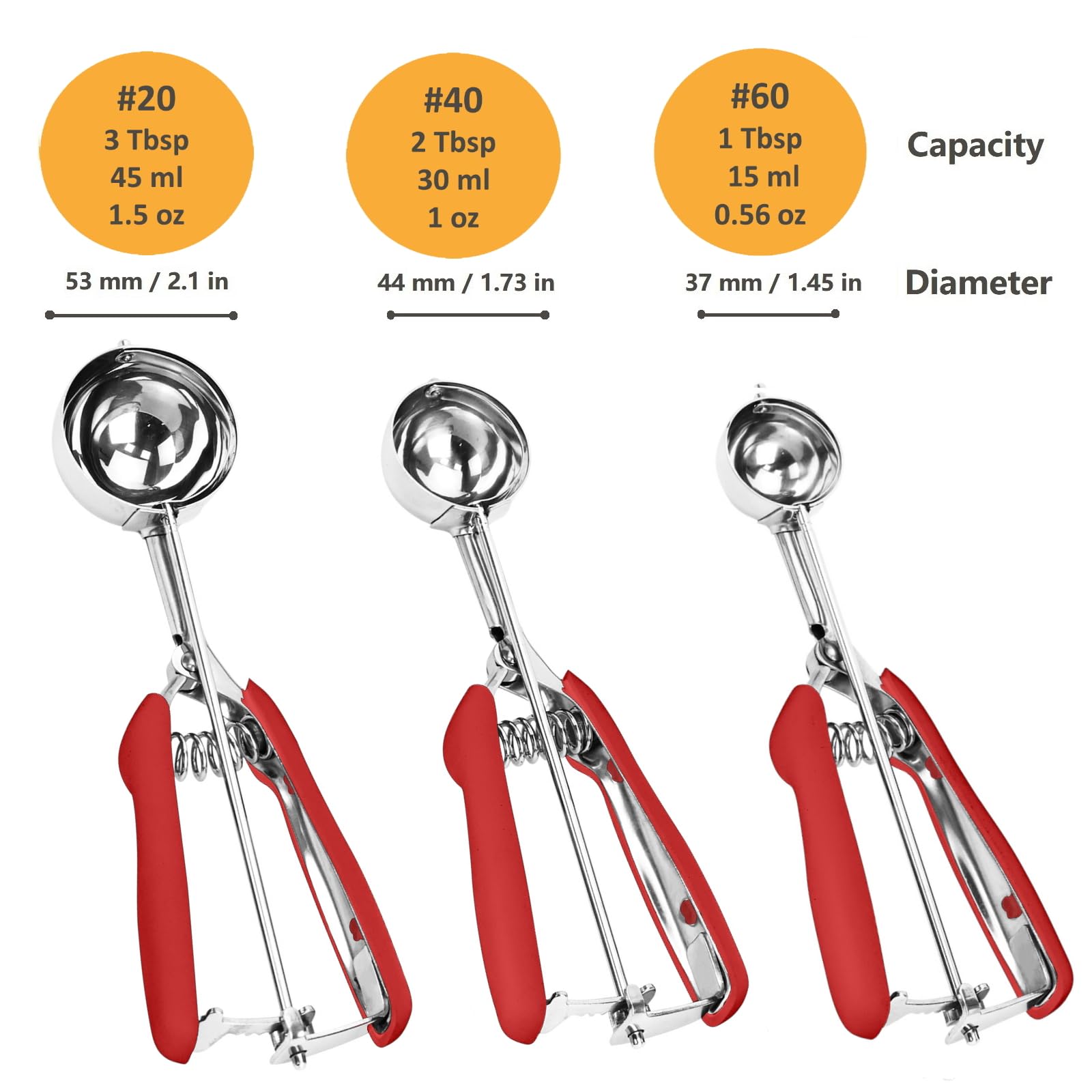 Cookie Scoop Set, 3Pcs Ice Cream Scoop, Cookie Scoops for Baking Set of 3, 18/8 Stainless Steel Cookie Scooper for Baking, Ice Cream Scooper with Trigger Release, Red Soft Grip Cookie Dough Scoop