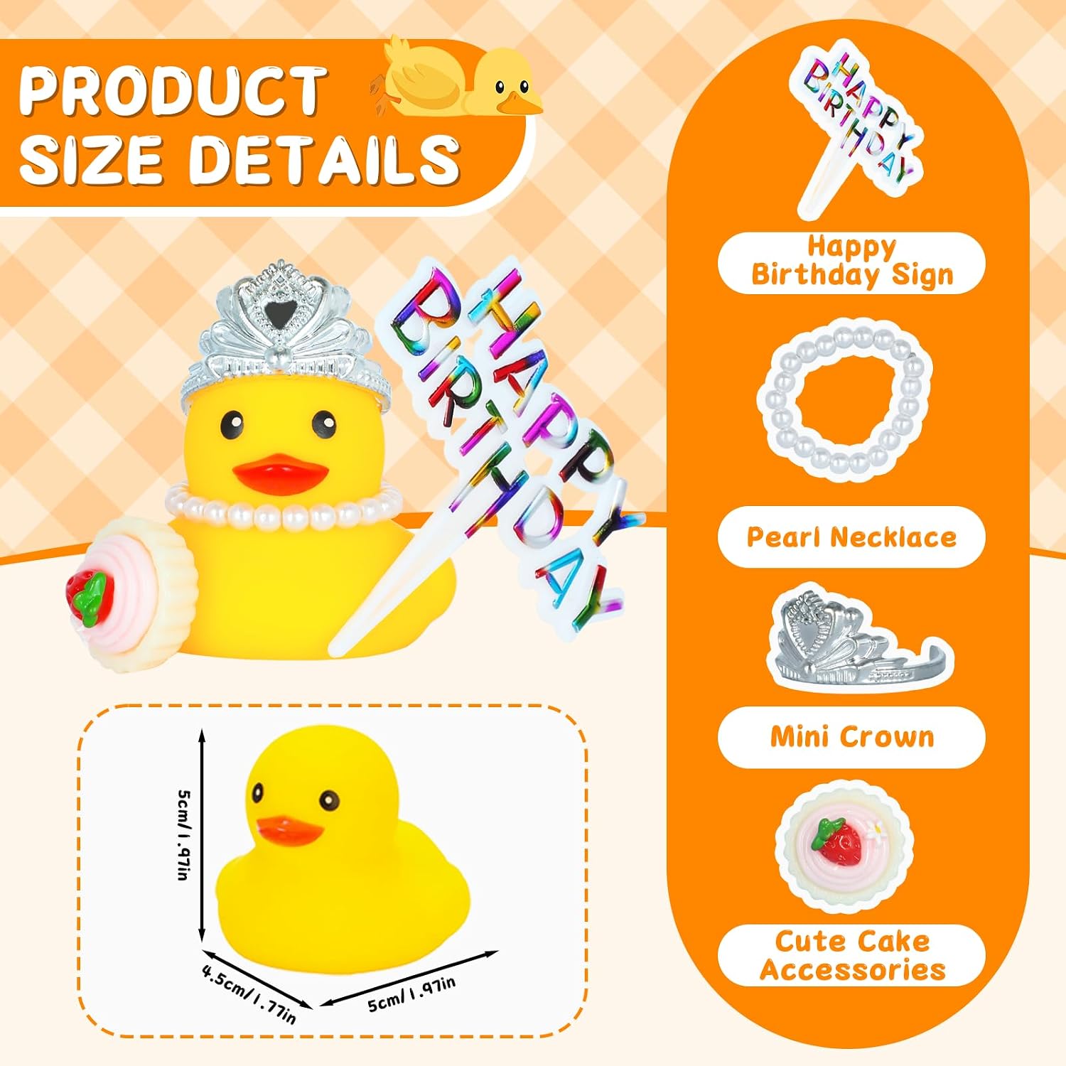 Rubber Duck Birthday Decorations DIY Fun Set - Birthday Duck with Removable Crown, Birthday Sign, Pearl Necklace & Cupcake Accessories - Cake Topper & Car Dashboard Decor image 2