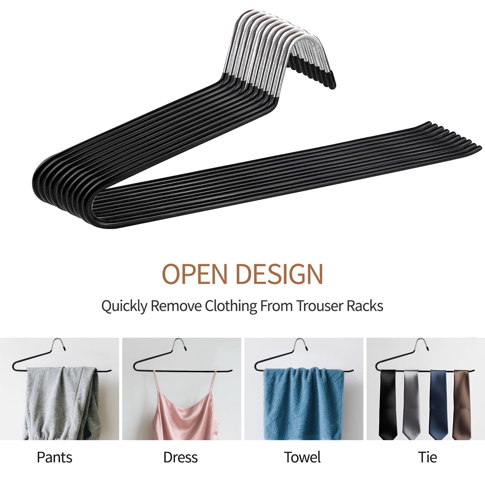 Stark genug Hosenbügel aus Metall, 10 Stück Kleiderbügel Klammerbügel für Hosen Socken Röcke, 35cm Anti Rutsch, Verchromt, Rockbügel Hosenspanner mit Clips, Hohe Belastbarkeit （Schwarz）