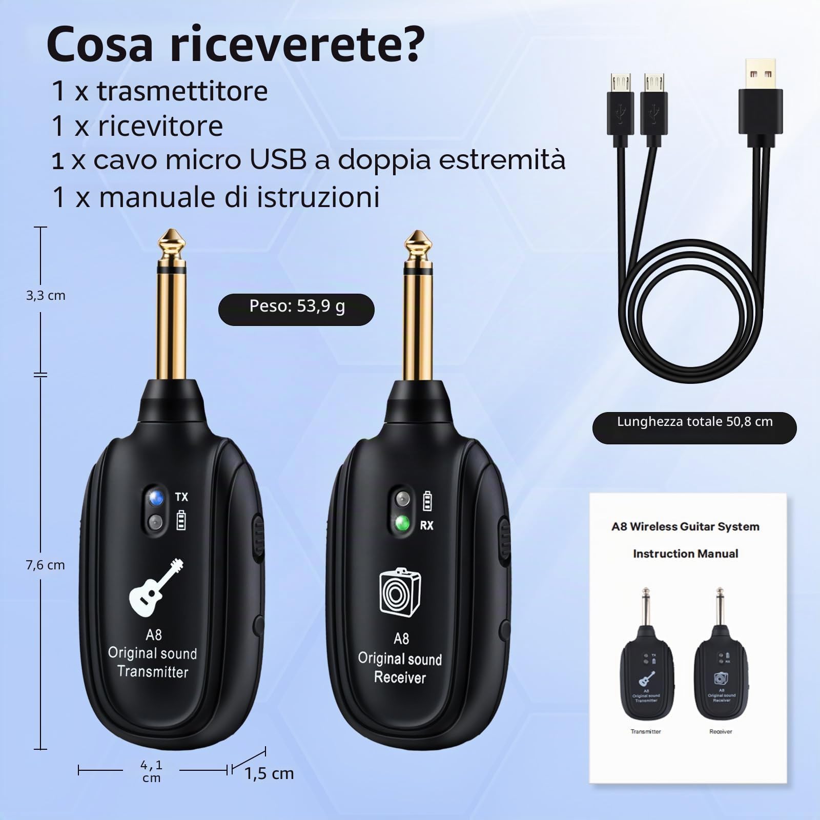 A8 Sistema Wireless per Chitarra 2 Modalità Batteria al Litio Ricaricabile Integrata Trasmettitore Ricevitore Audio UHF Wireless per Chitarra Acustica Basso Violino