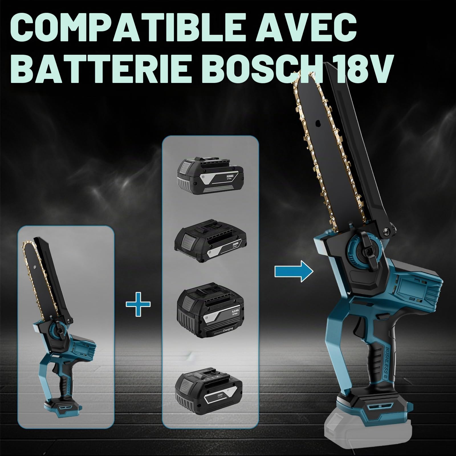 WingFly Mini Tronçonneuse électrique 6 et 8", Compatible avec Bosch 18 V Batterie, Tronçonneuse sans balais avec 2 chaînes, Tronçonneuse manuelle pour sécateur, coupe du bois(Sans Batterie)