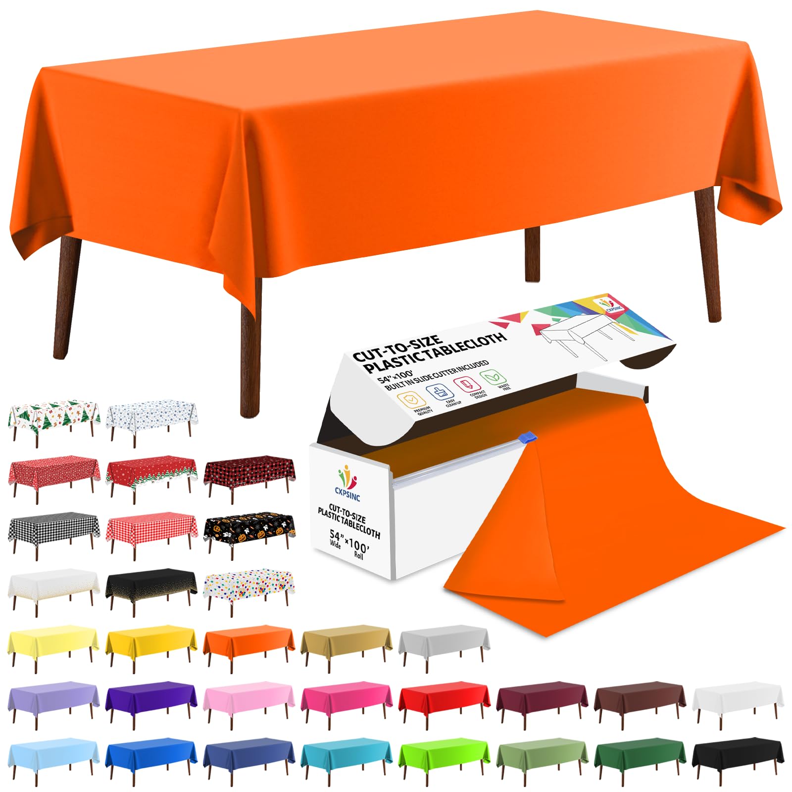CXPSINC 54 Inch X 100 Feet Plastic Table Cover Roll Disposable Tablecloth with Slide Cutter for All Type/Shape Tables | Party, Banquet, Birthdays, Weddings(Orange, 100 Feet)