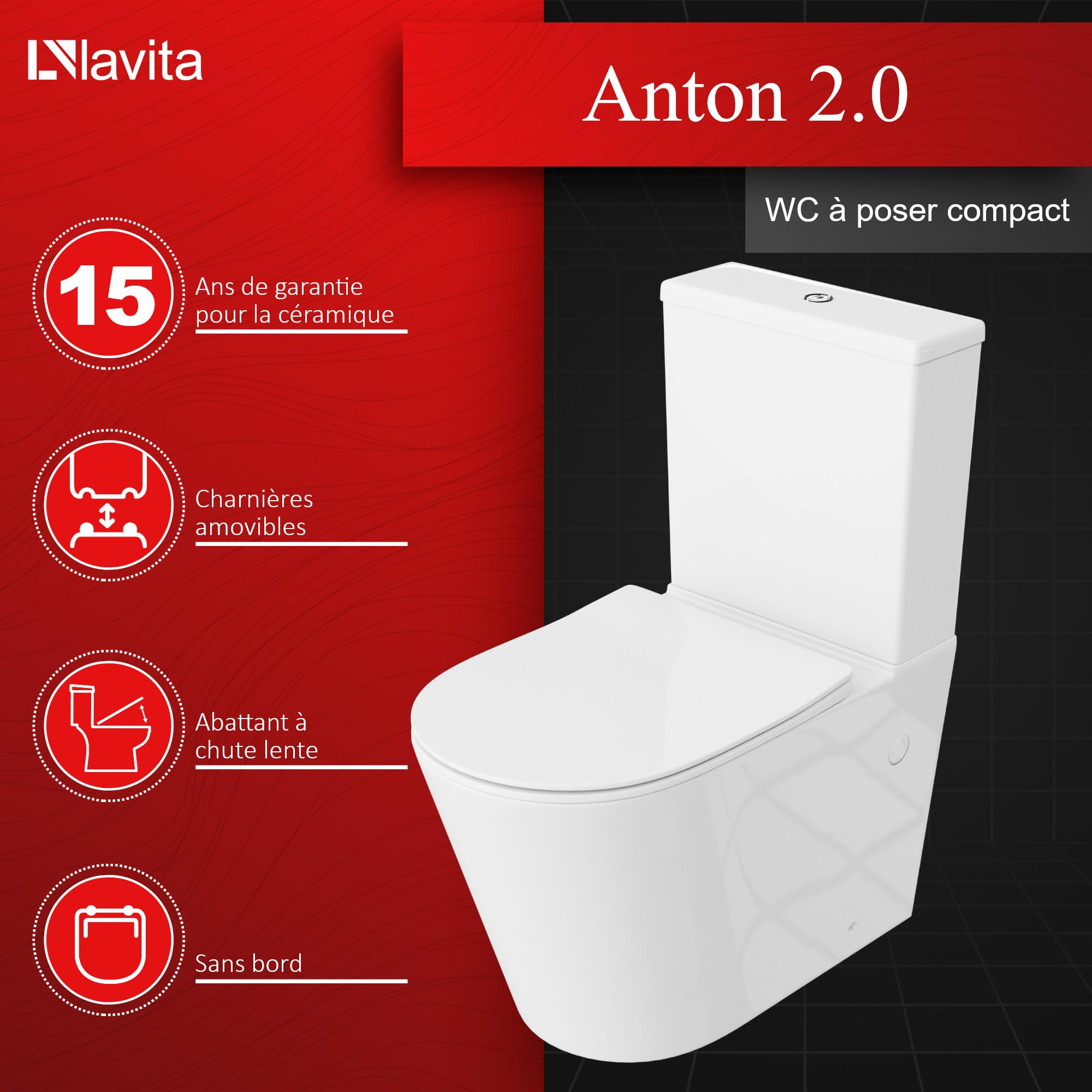 LAVITA Toilettes individuelles avec chambre de chasse intégrée ANTON BLANC Kit complet abattant wc avec fonction abaissement, WC céramique Rimless, système de rinçage TORNADO