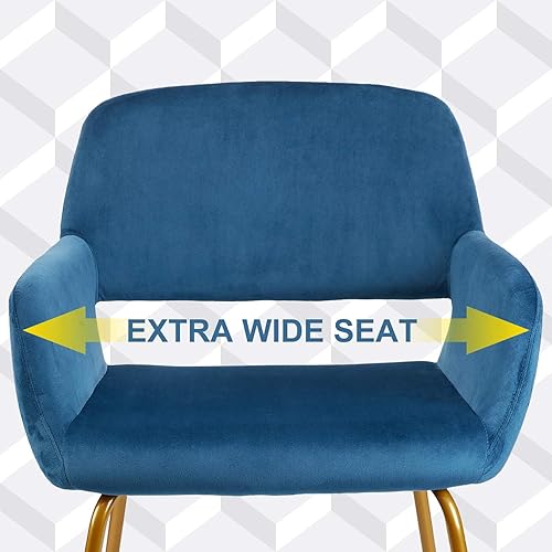 Miniatura 5 de CLATINA Juego de 4 sillas decorativas cómodas de terciopelo azul con reposabrazos y patas de metal dorado sólido para comedor, sala de estar,