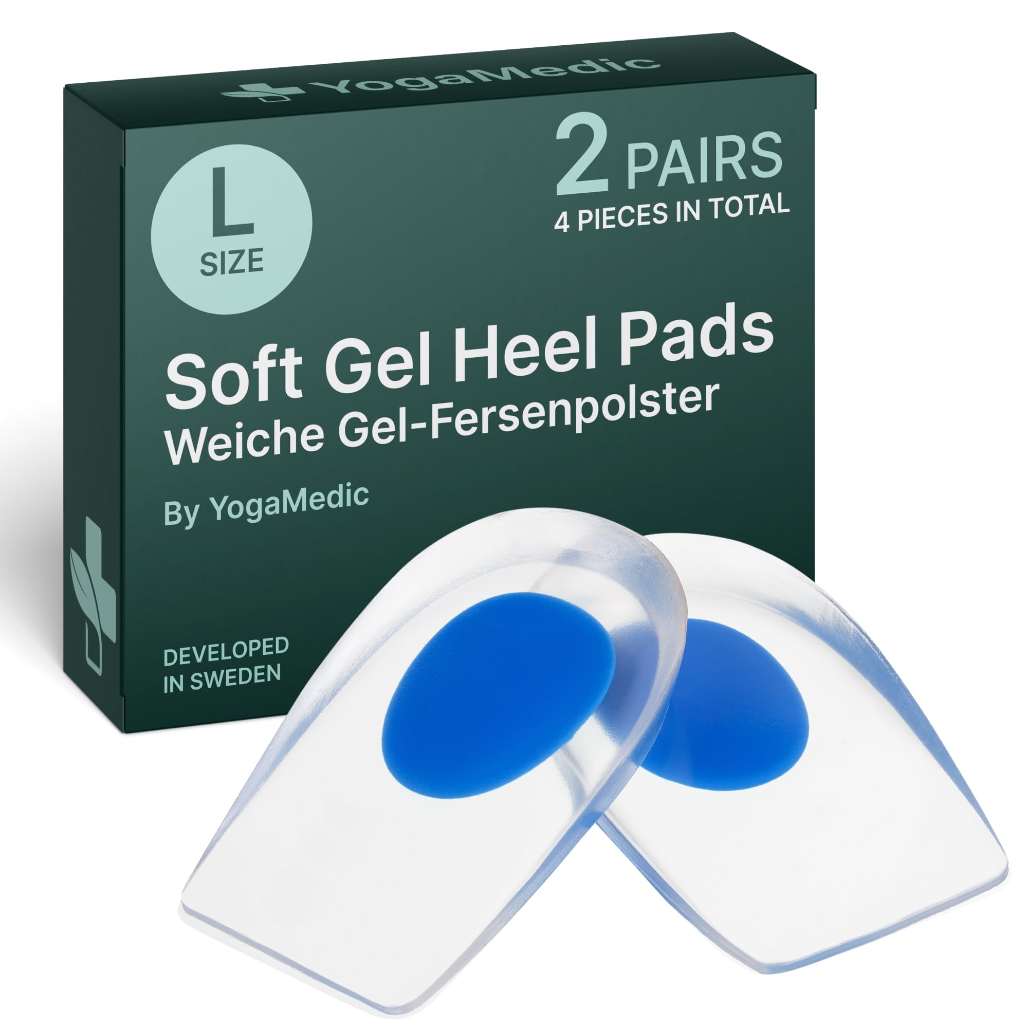 Yogamedic Gel Heel Pads - Size 40-45, Pack of 4, Silicone - Plantar Fasciitis Support & Heel Cushion Pads - Achilles Tendonitis Support & Protectors for Rearfoot - Self-Adhesive Reusable Gel Insoles