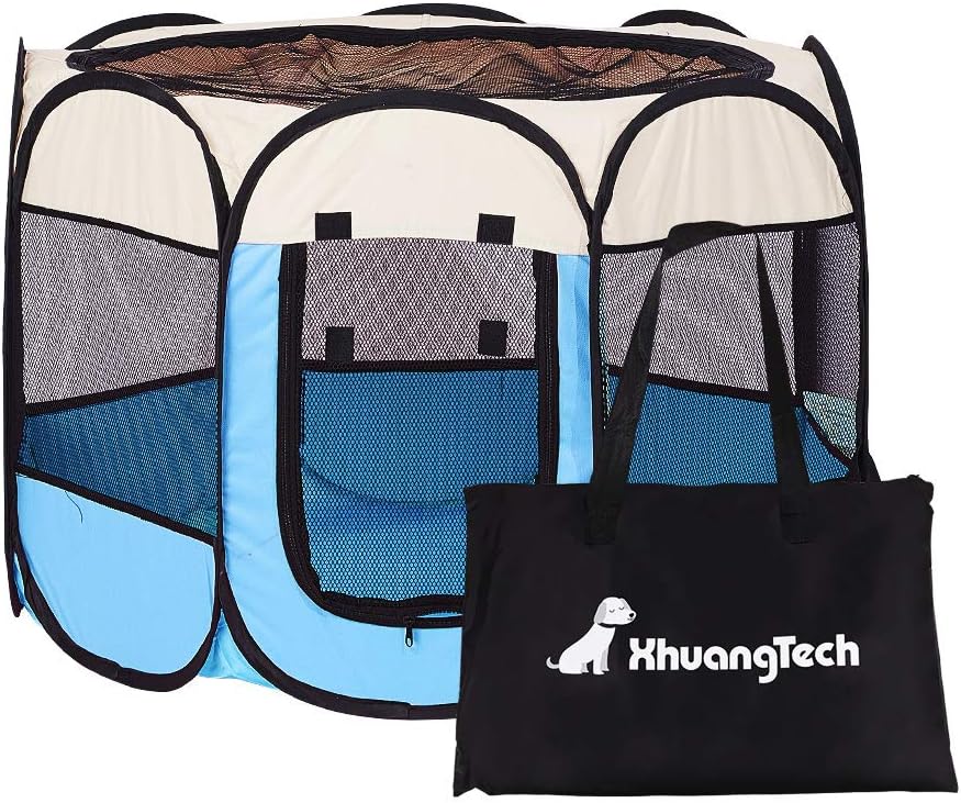 XianghuangTechnologySoft Fabric Portable Foldable Pet Dog Cat Puppy Playpen, Indoor/Outdoor use Pet Kennel Cage D31 x H23 (Light Blue)