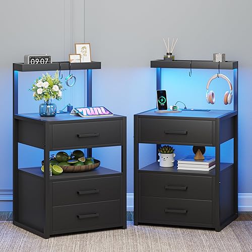 Miniatura 1 de VIAGDO Nightstands Set of 2 with LED Lights, 3 Drawers Night Stands with Charging Station, Black Bedside Tables with Storage Shelves, Modern End