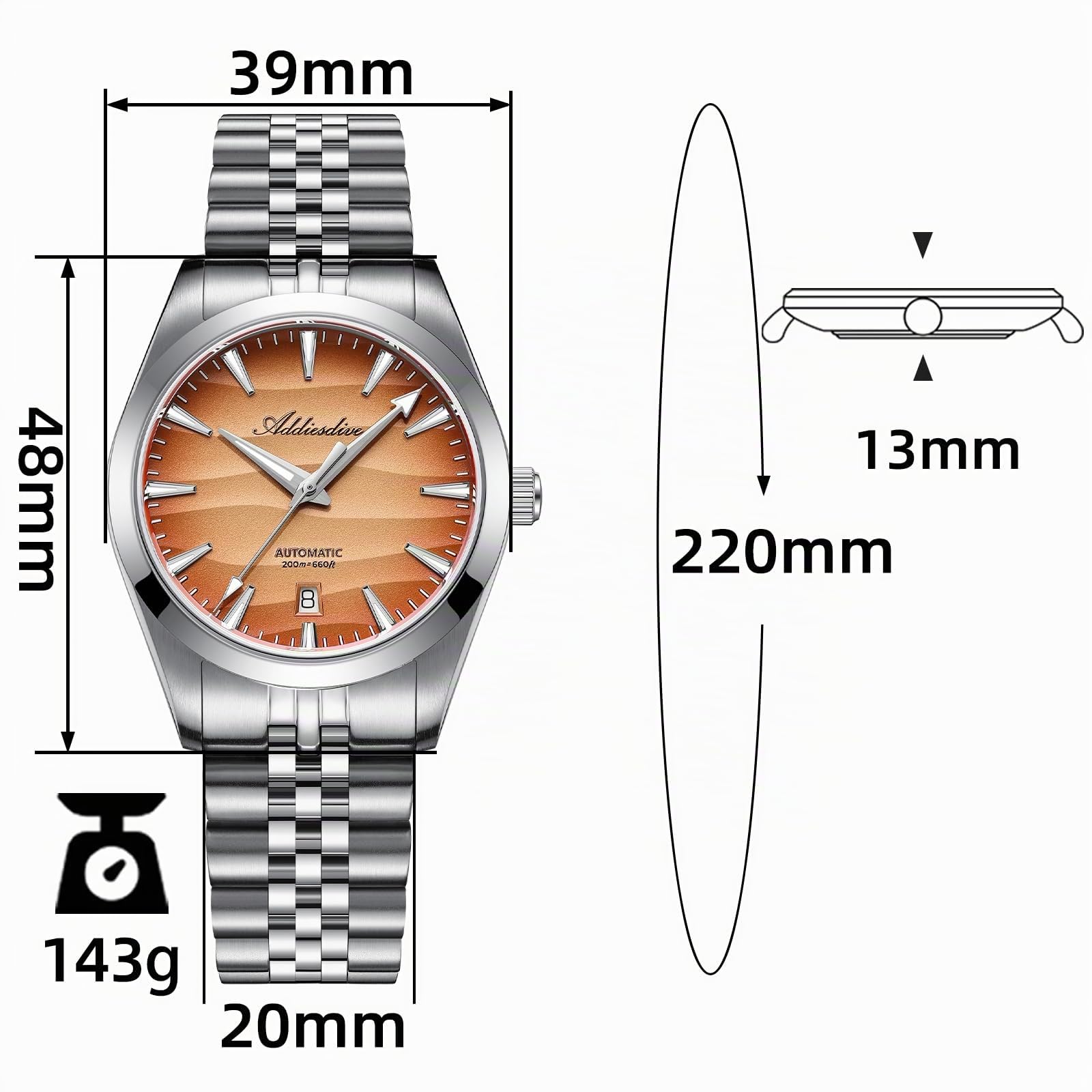 ADDIESDIVE Automatikuhr Herren NH35A/8215 Mechanische Analoguhr Saphirglas Wüstentextur Zifferblatt