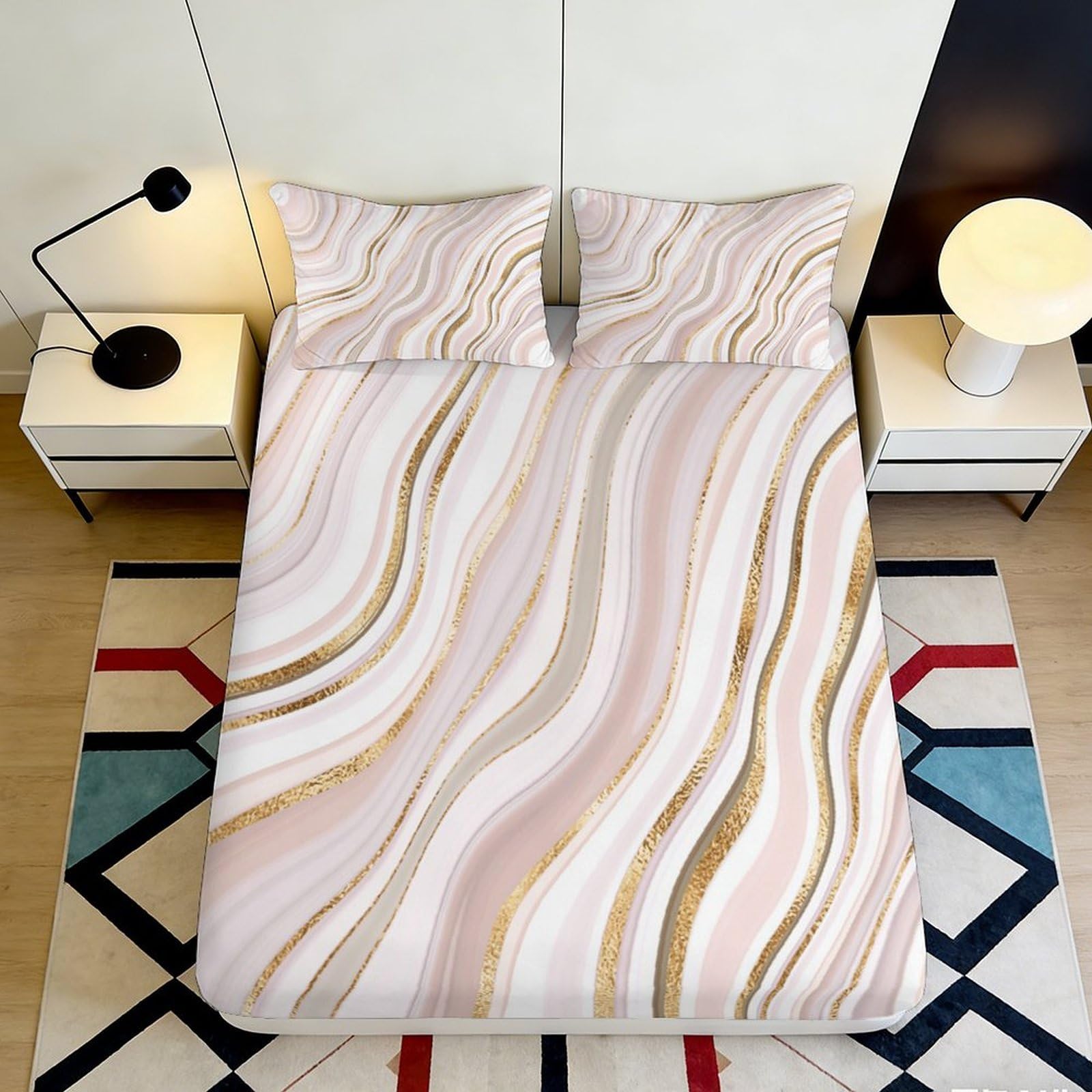 3D Printed Pink Gold Wave Fitted Sheet Microfiber Soft Breathable Abstract Marble Mattress Cover for Bedroom Dormitory Guest Room Protection 120x200x25cm