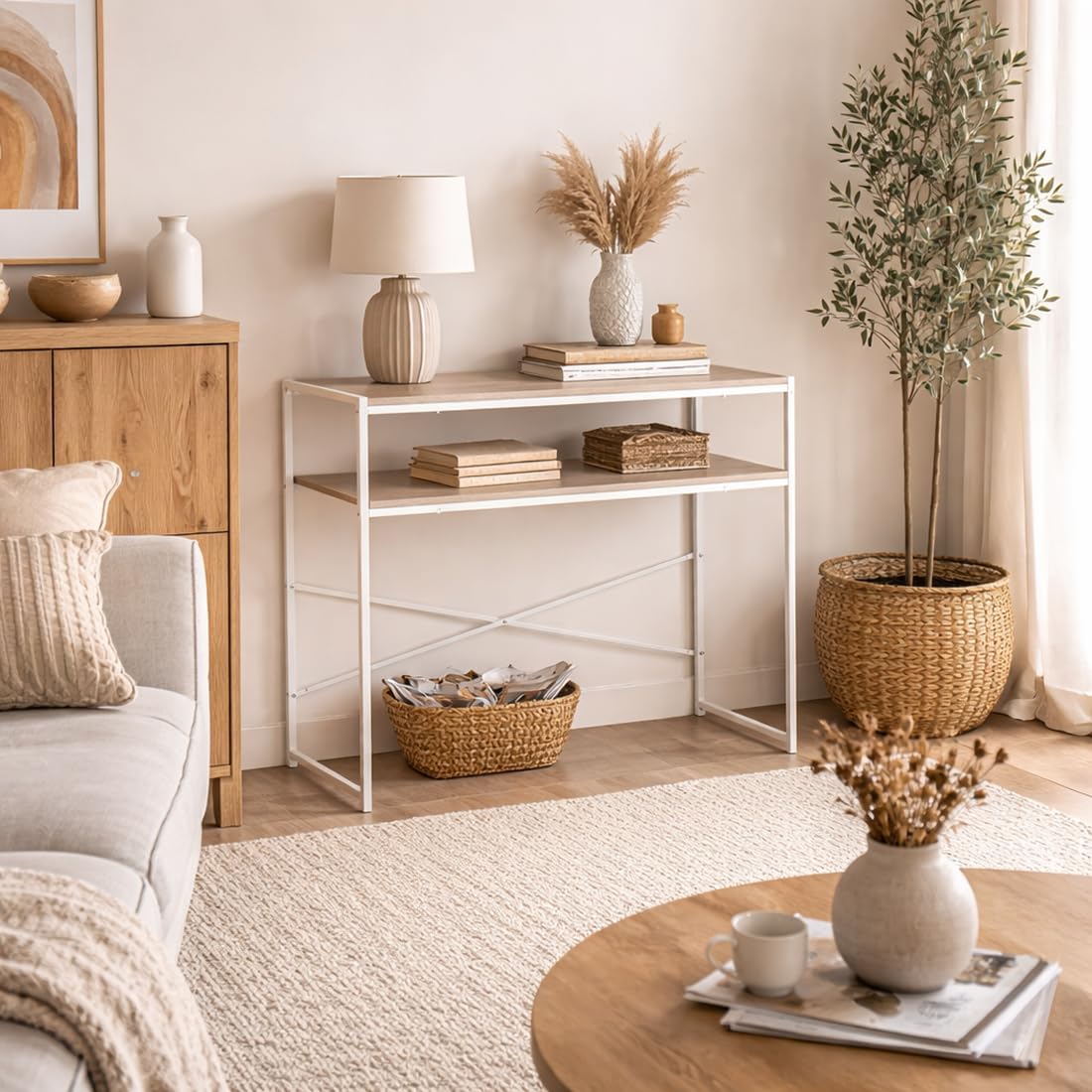 Acomoda Textil – Escritorio de Oficina con Tablero Acabado Madera y Estructura Metalica Estable. Mesa de Estudio y Trabajo para Ordenador, Dormitorio u Oficina en el Hogar.(40x75x77 cm, Blanco)