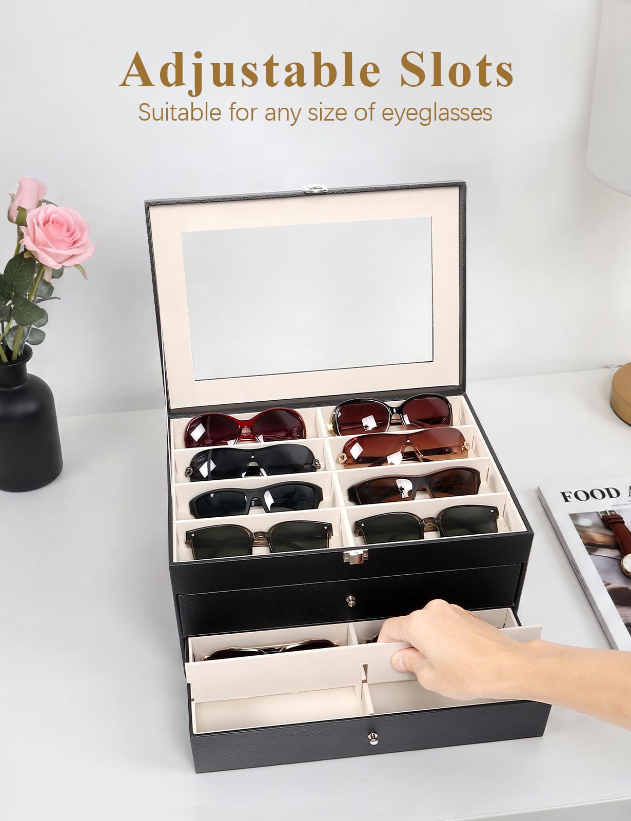Sonnenbrillen-Aufbewahrungsbox mit 32 verstellbaren Schlitzen, 3-lagig, Multi-Brillenbox mit Deckel für Damen
