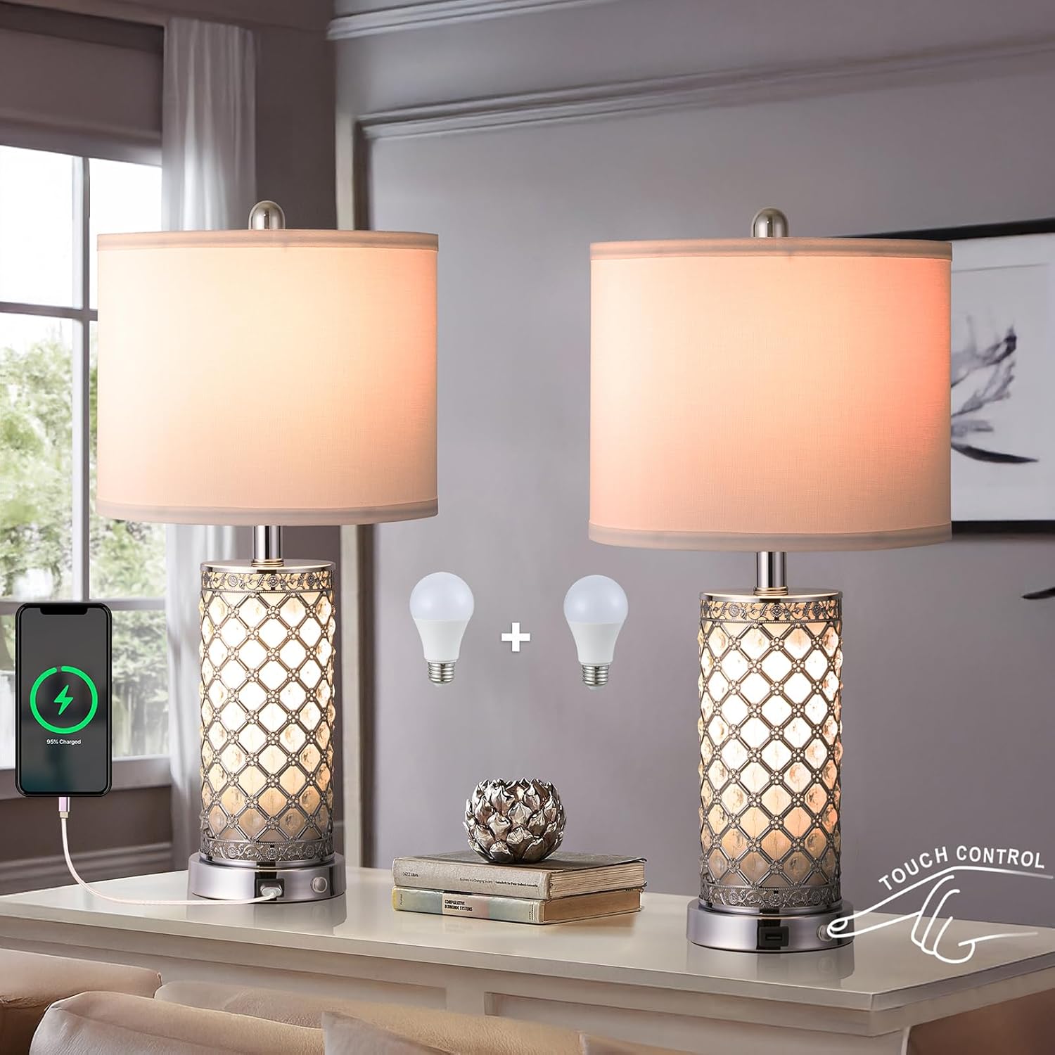 Serteaw Touch Control Table Lamp Set of 2 - Gold Crystal Nightstand Lamps with USB Ports, Stepless Dimming Mode, Stylish Side Lamp for Bedroom and Living Room, Energy-Efficient LED Bulb Included