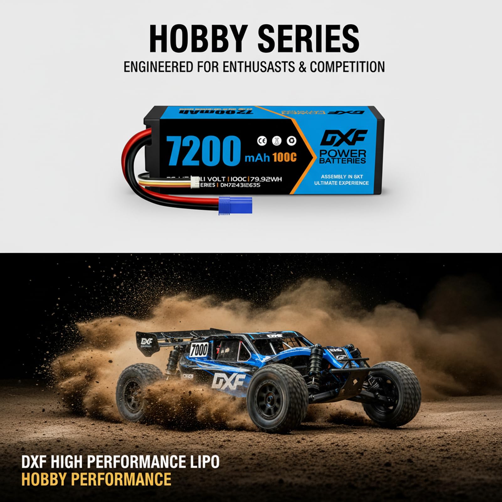 DXF Batteria 3S Lipo 11,1V 100C 7200mAh rigida con spina EC5 per RC Car,RC Truck, RC Auto Barca, Camion Truggy Hobby (2 confezioni)