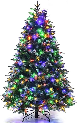 HAPPYGRILL Árbol de Navidad artificial preiluminado de 4.5 pies, árbol de Navidad nevado con 200 luces LED blancas cálidas, 688 puntas de rama,