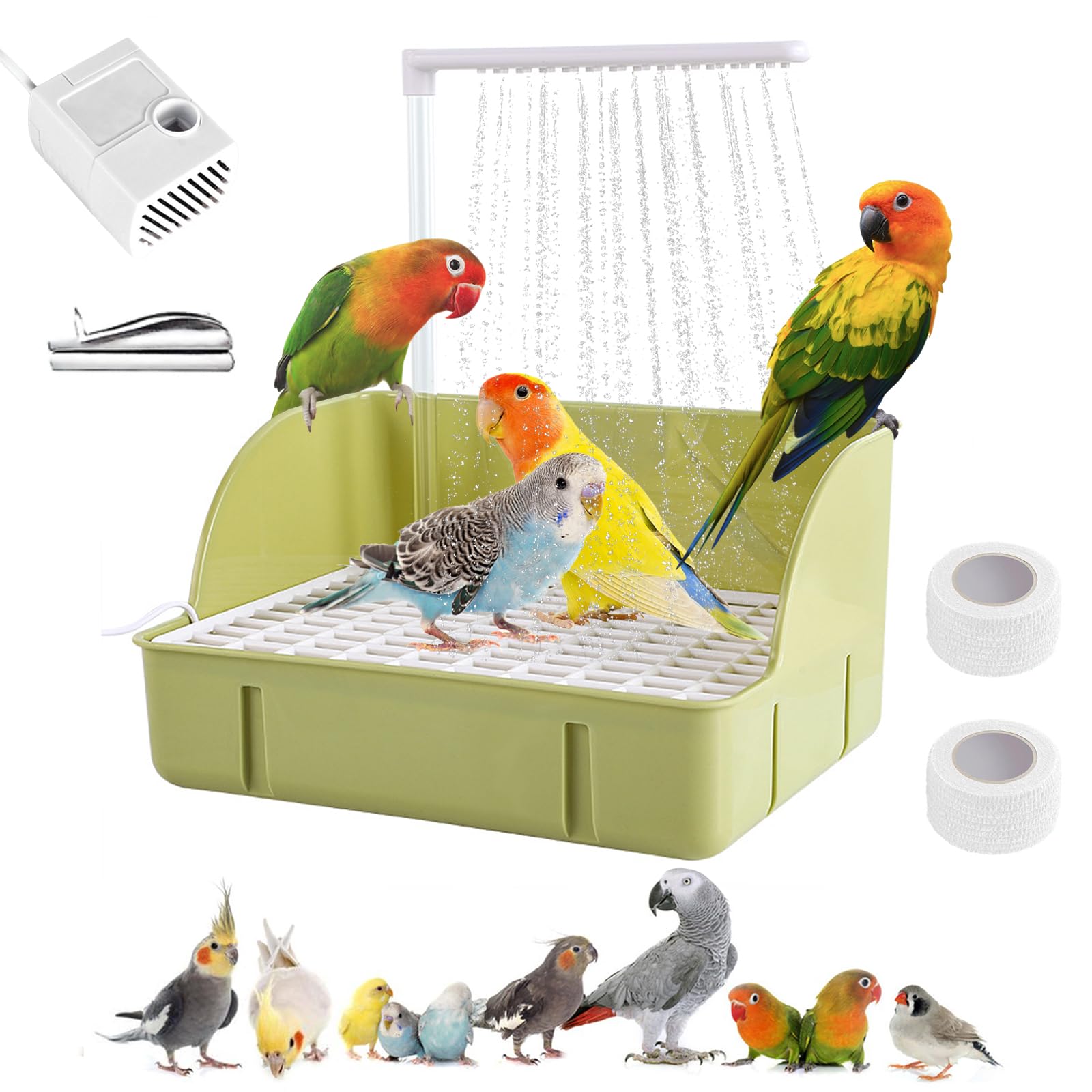 Baignoire automatique pour perroquet, grande fontaine d'intérieur avec eau courante, contient USB et pompe, pour oiseaux de compagnie, gris africain, calopsitte, conure, perruche, inséparable (vert)