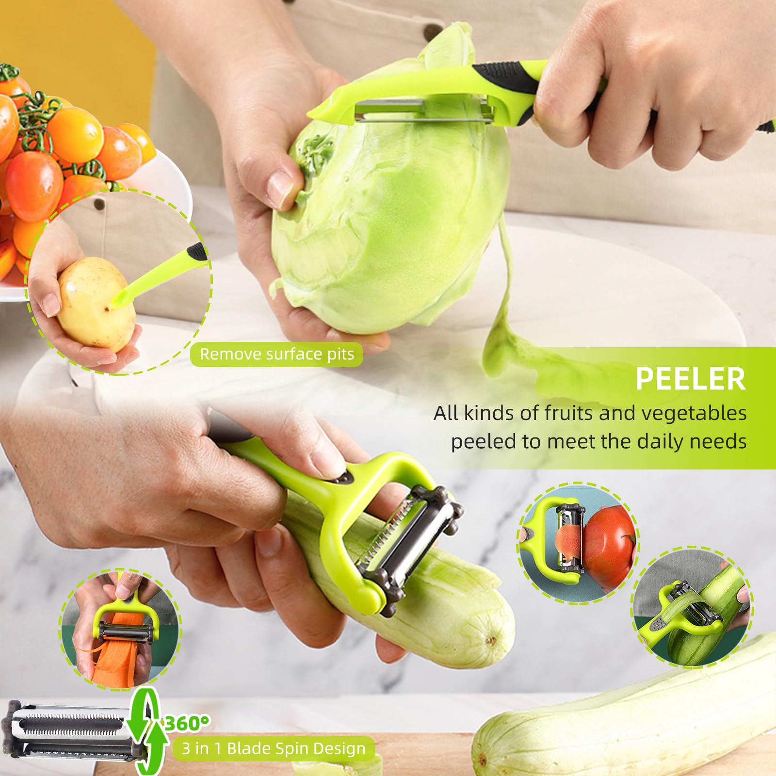 9Pcs Melon Baller Scoop Set,Fruit Shape Cutters,Avocado Slicer tool 3 in 1,Apple Slicer,Fruit Scooper and Baller, Vegetable Peelers, Apple Cutter and Corer,Green - Image 4
