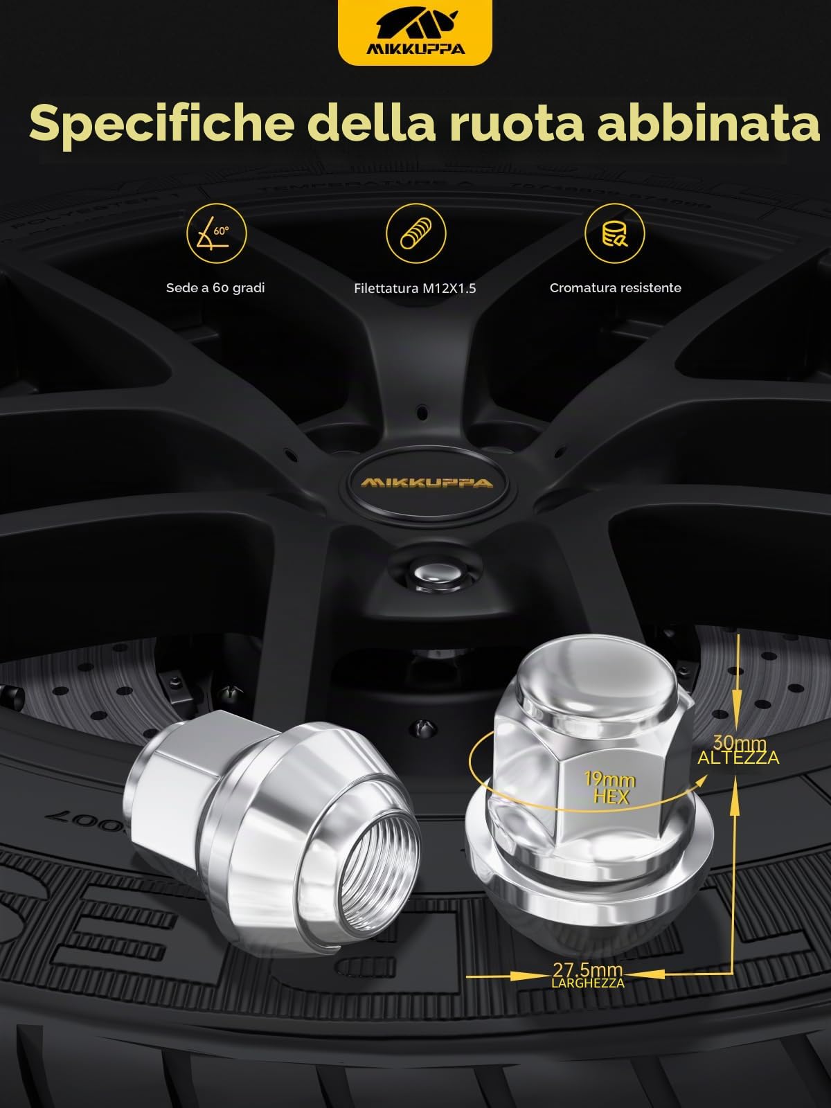 MIKKUPPA Dadi cromati M12 x 1,5, SW19, 20 pezzi OEM Factory Style per la maggior parte delle Ford Fiesta Focus Fusion, ruote in fabbrica, ghiande, dade, estremità chiuse