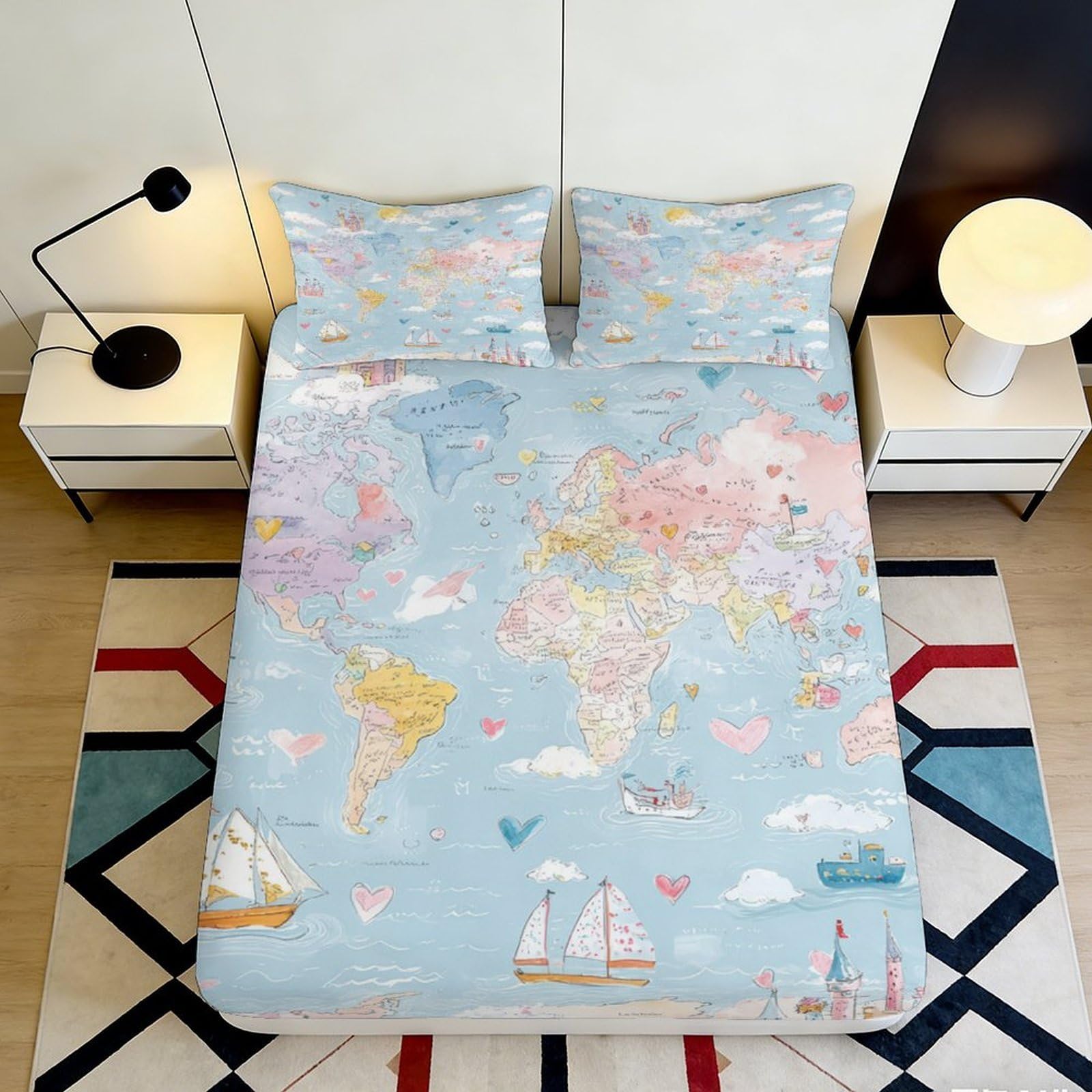 3D Printed World Map Fitted Sheet Microfiber Soft Breathable Ocean Blue Bed Cover with Sailboat Pattern Mattress Cover for Bedroom Dormitory Guest Room 200x200x25cm