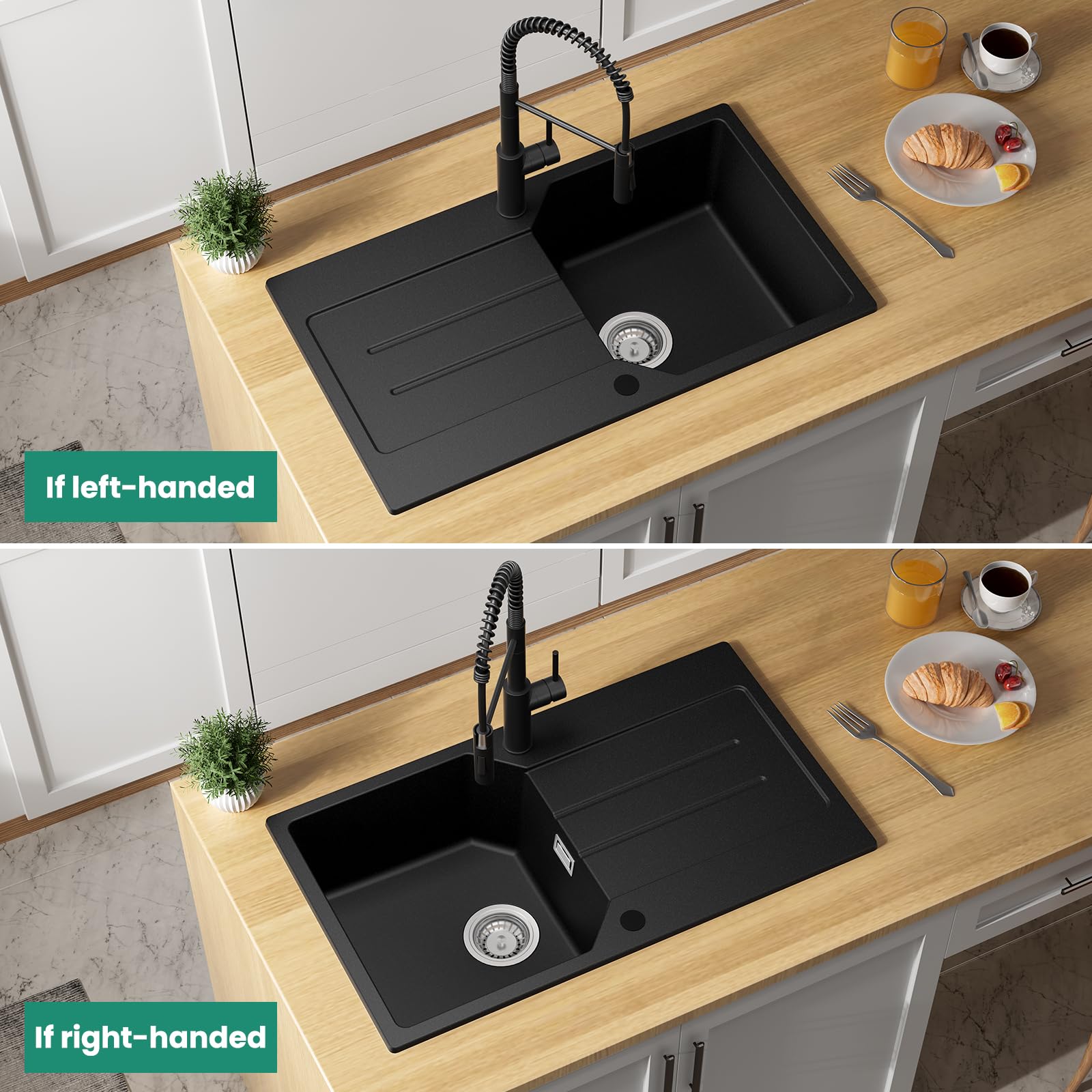 ANYCEE Fregadero Negro 78x45 cm con Escurridor, Fregadero Granito Para Mueble Bajo 45 cm