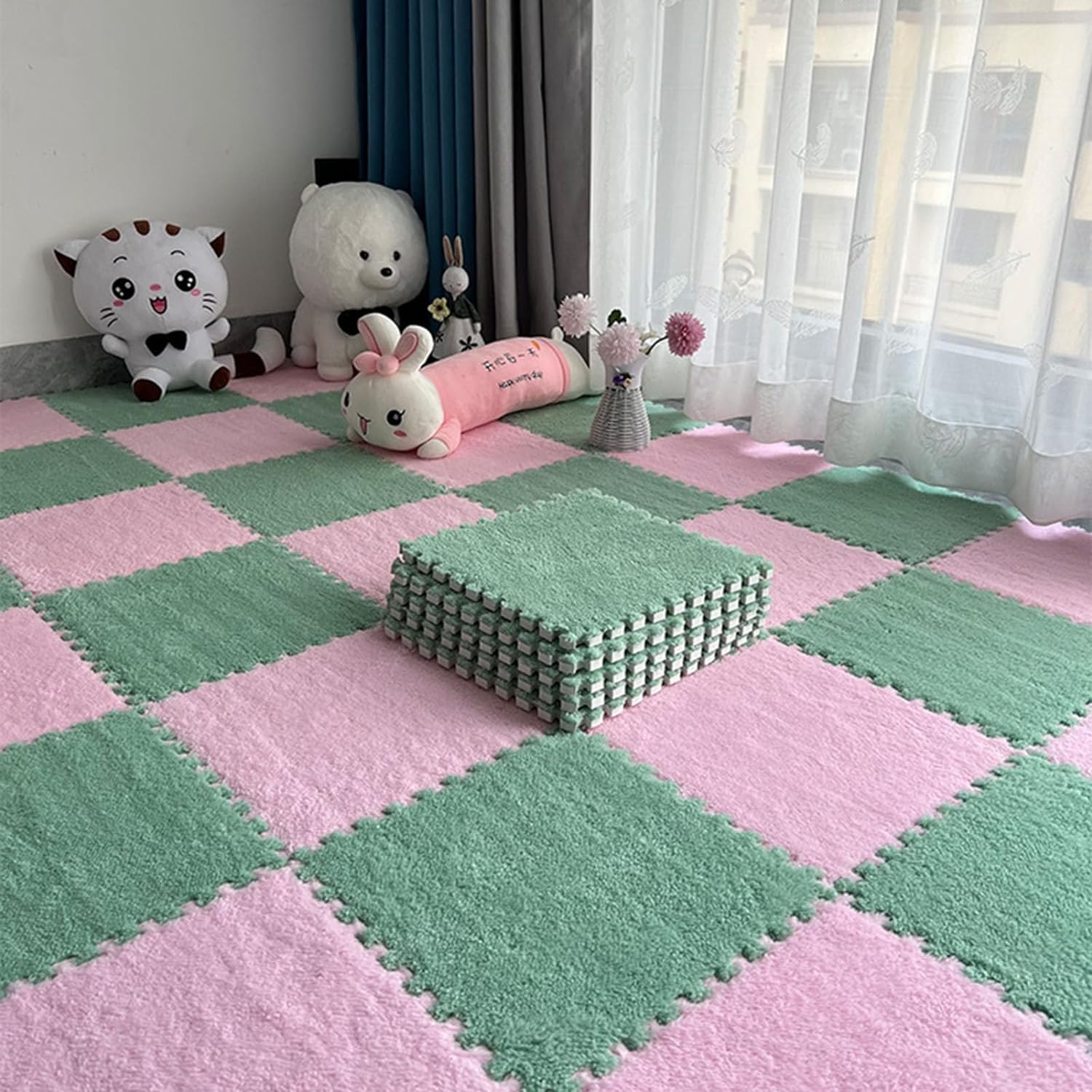 Mata piankowa do zabawy, Mata podłogowa z pianki wzorem układanki 12x12 cali, wielokolorowa, opakowanie 16/20 szt(Pink+light Green,16 Pcs)