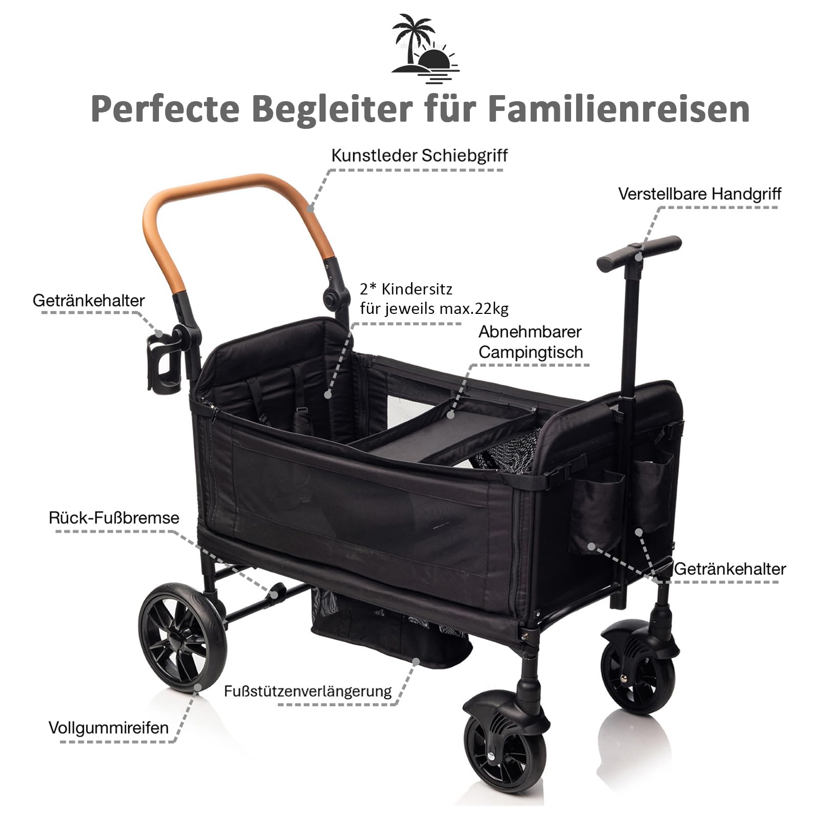 vickey Carrello pieghevole con tetto, 2 bambini, 150 kg, carrello cargo, pieghevole, con manico scorrevole, Duo, resistente agli urti, ruote in poliuretano con freni, portabevande, 100 l, nero