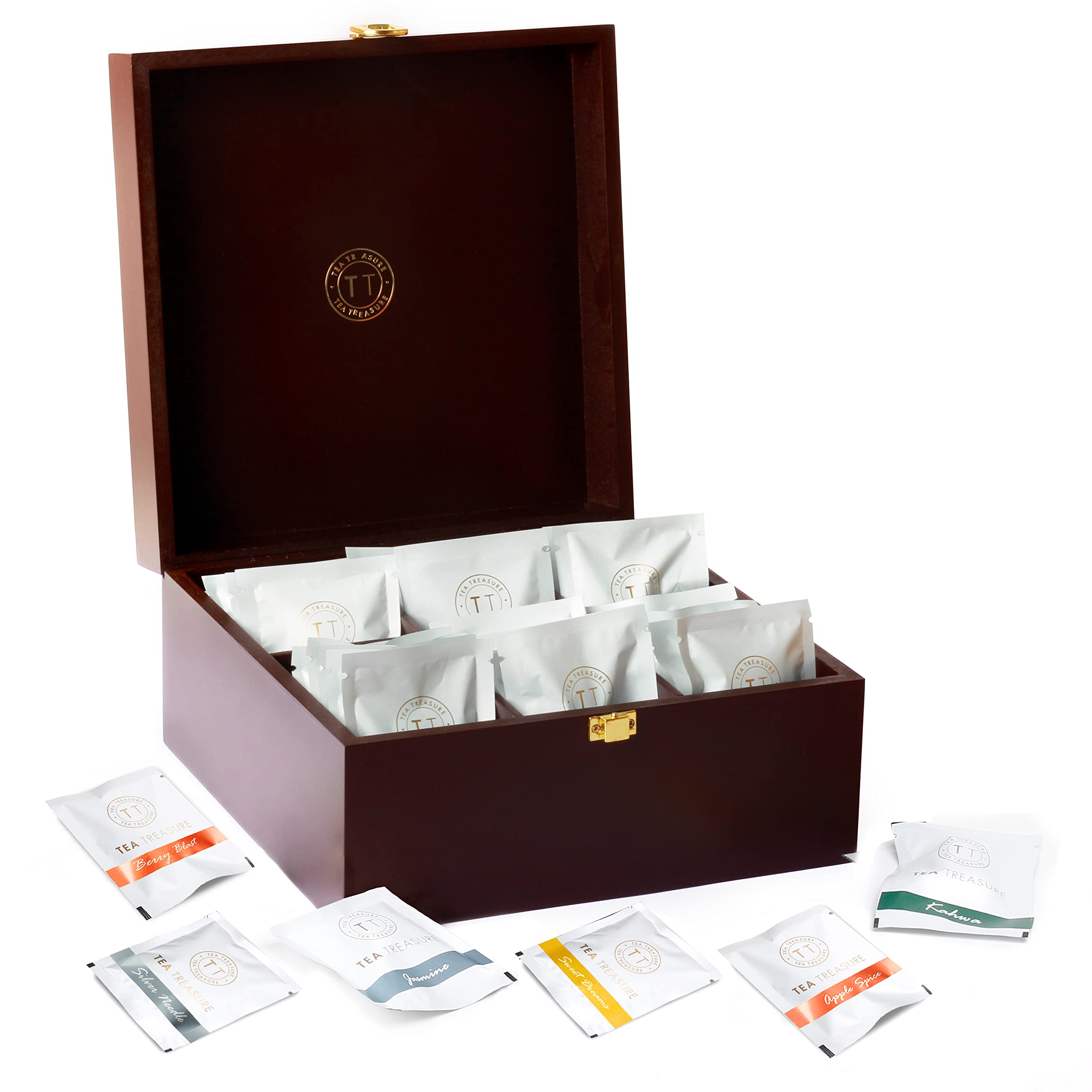 Tea Treasure Wooden Chest - 60 Pyramid Tea Bags | Premium Assorted Herbal & Green Gift Box | Luxury Wooden Tea Box with 10 Flavours | Wellness Tea Sampler | Ideal for Gifting, Corporate Hampers & Home Use