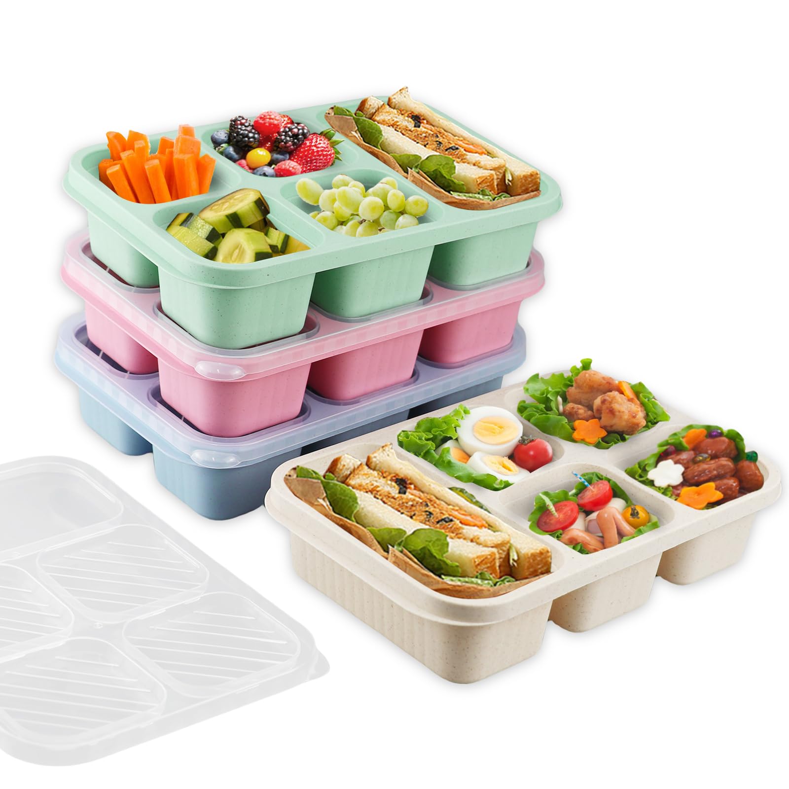 4 Pcs Snack Box with Compartments, 5-Compartment Bento Lunch Box Snack Boxes for Kids and Adults with Transparent Lid for School Work Travel Picnics (Beige/Blue/Pink/Green)
