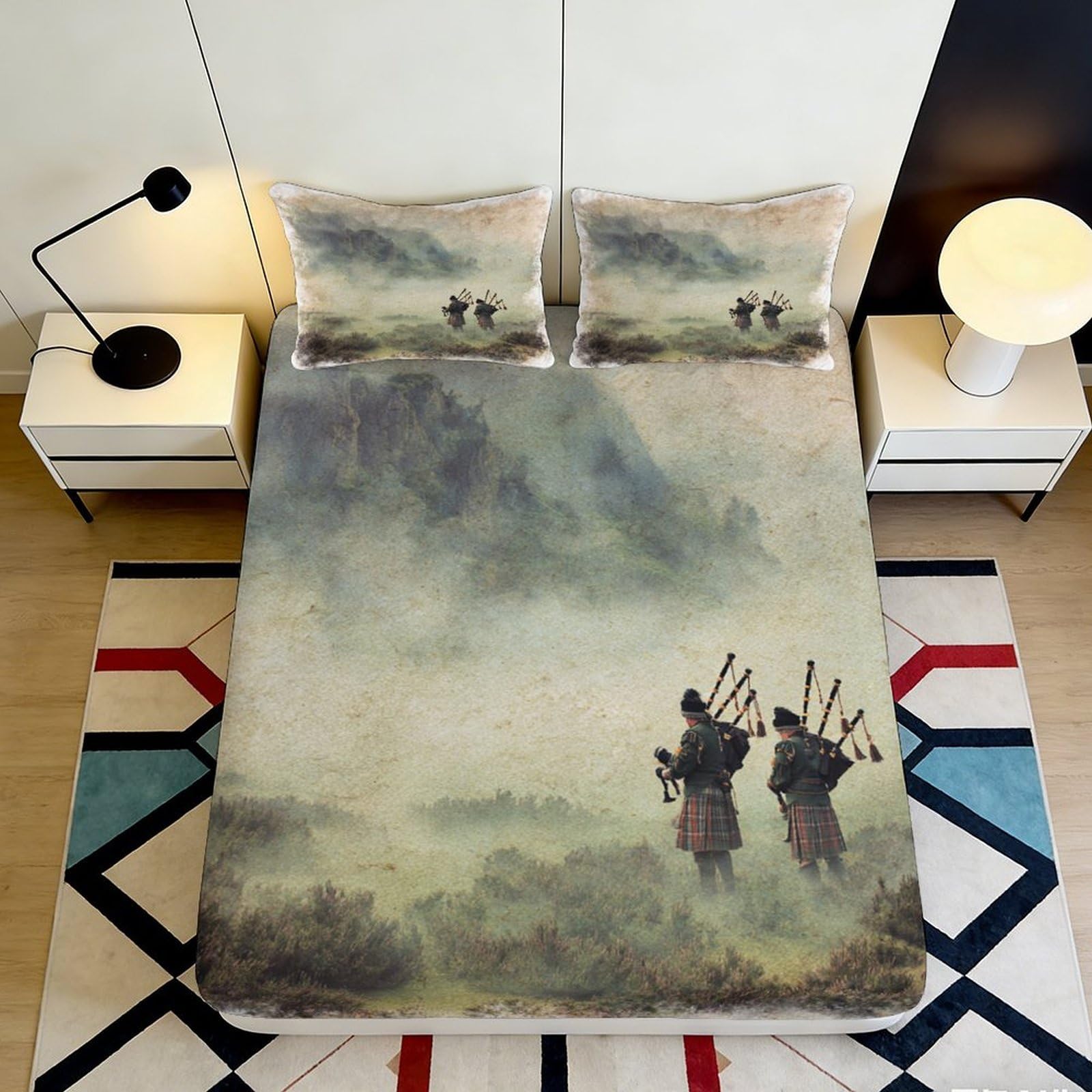 3D Printed Scottish Highland Landscape Fitted Sheet Microfiber Soft Artistic Bagpipers Mattress Cover Bedroom Decor 90x200x25cm