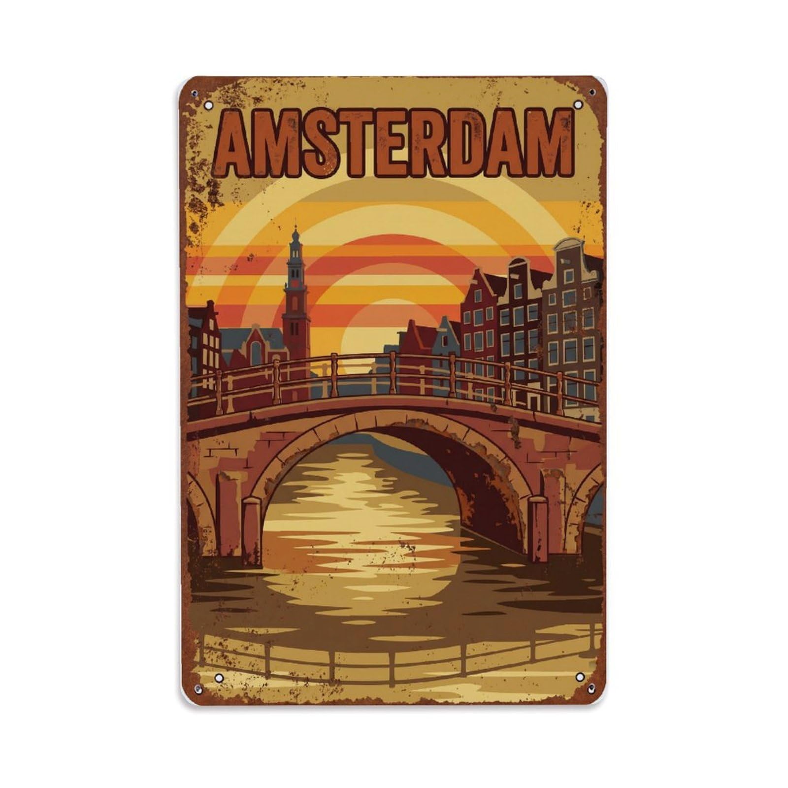 Vintage Travel Bridge Netherlands Arched Metal Tin Sign Plaque Wall Decor for Cafe, Club Bar, Office, Home Garden Metal Poster 8x12Inch