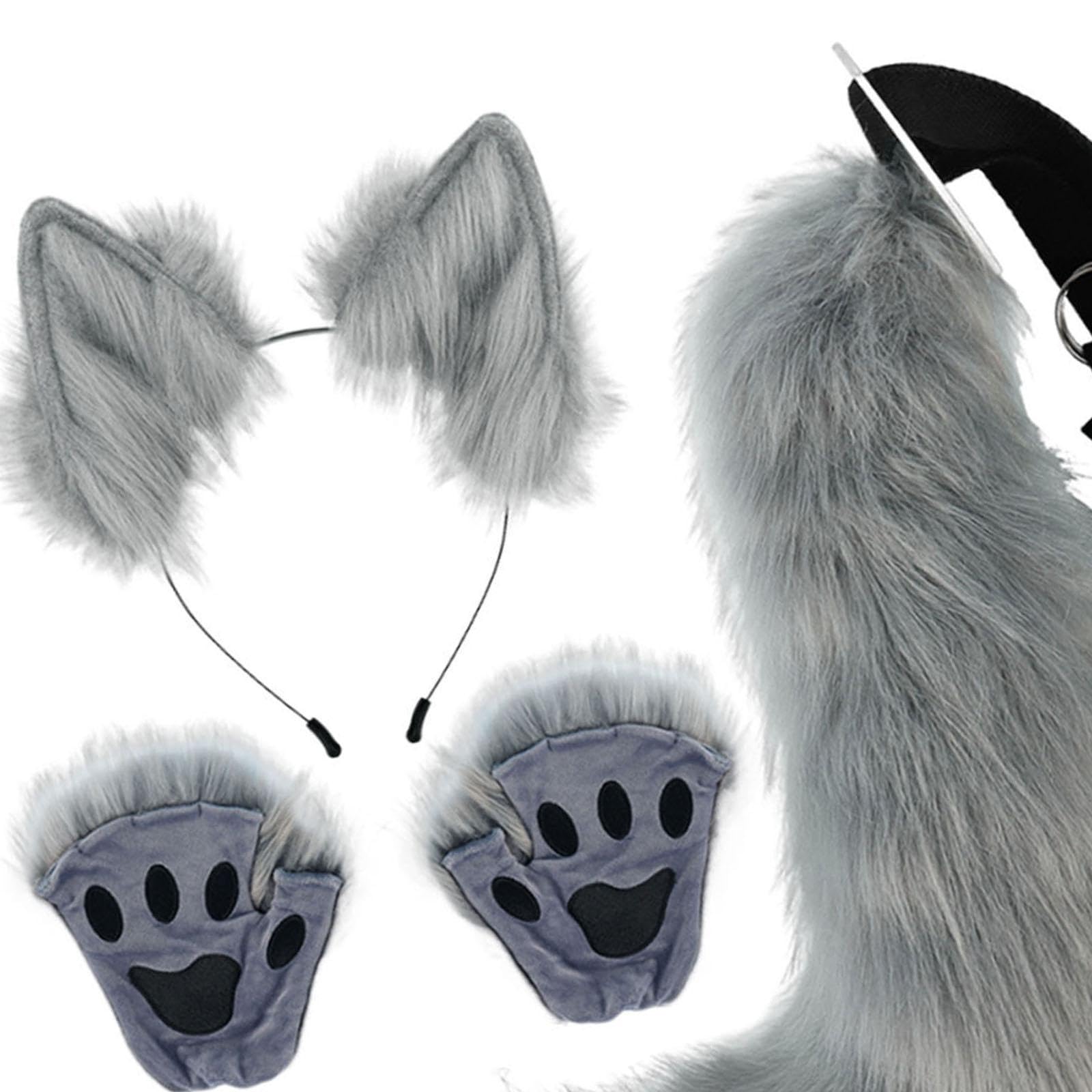 Ensemble Oreilles et Queue d'animal, Coiffe, Oreilles en Peluche, Bandeau pour Les Fêtes et Les Anniversaires, Gris