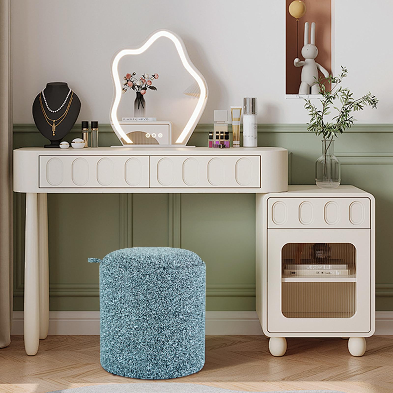 HOMASIS Set di 2 Pouf Contenitore Rotondo, Puff Poggiapiedi con Coperchio Reversibile e Maniglie Laterali, Sgabello Contenitore per Soggiorno, Camera da Letto, Azzurro