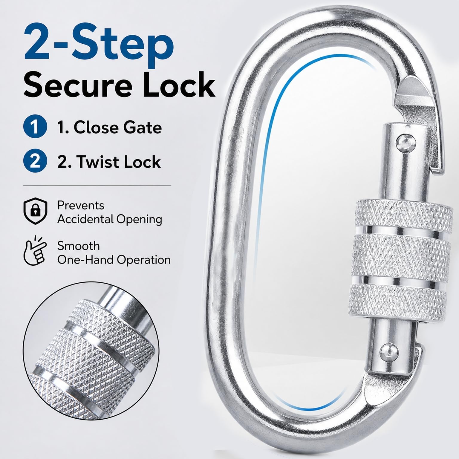 Heavy-Duty Stainless Steel Carabiner Clip – 10MM Oval Spring Snap Hook with Secure Screw Lock for Camping, Hiking, Outdoor Gear, and Utility Use 2