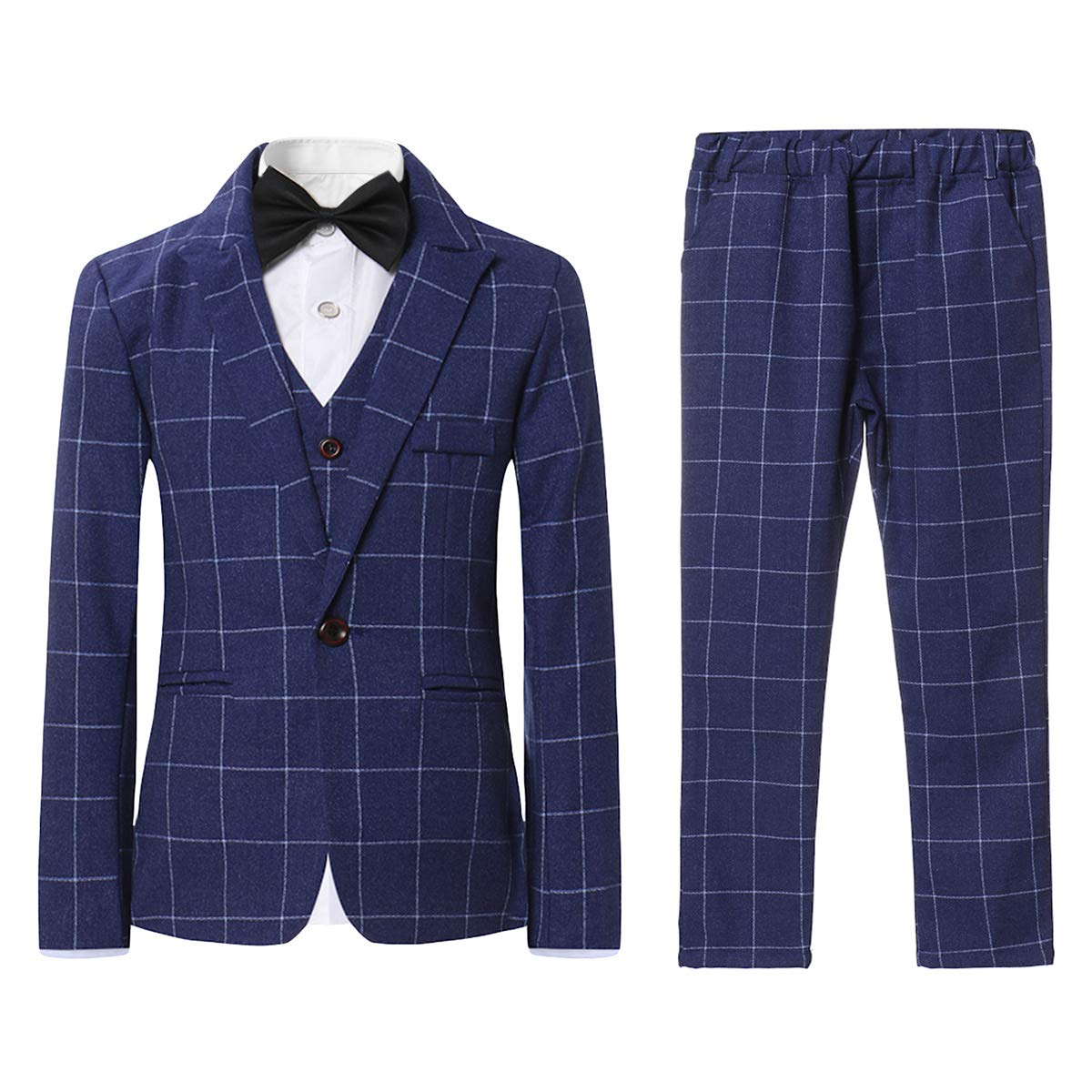 Sliktaa Jongens Pakken 3-delig Een Knop Enkele Knop Plaid Kleur Pakken Bruiloft Party Performance Blazer Vest Broek, Zwart, 14 jaar