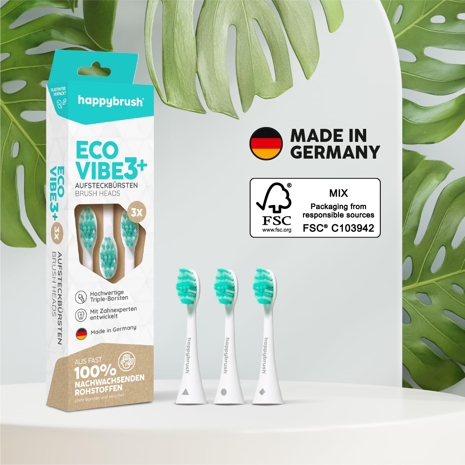 happybrush® Nachhaltige Aufsteckbürsten für elektrische Schall-Zahnbürste Eco VIBE 3 - Weiß/Mint - 9 Stück