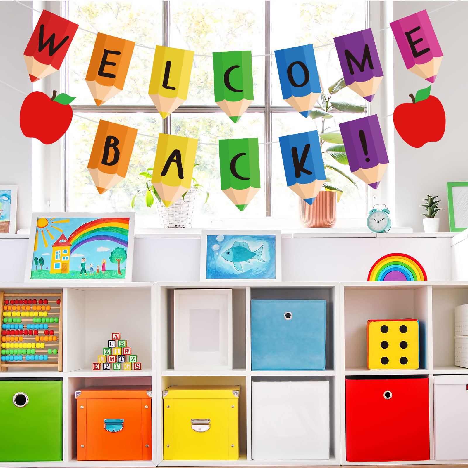 AnyDesign Banner de regreso a la escuela, 2 cuerdas, guirnalda de banderines de bienvenida de vuelta a la escuela, tablero de anuncios premontado, bonito lápiz de manzana, pancarta decorativa colgante