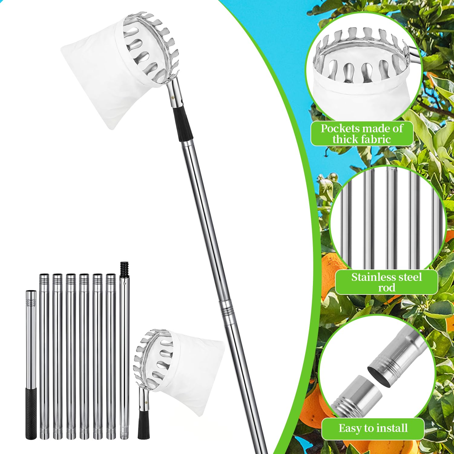 Recogedor de Frutas, 4.2M Recogedor de Frutas Telescopico,Inoxidable Ajustable Recogedor de Frutas Recoge Frutas de árboles con Bolsa de Algodón Engrosada para Manzana Cereza Higo Mango etc
