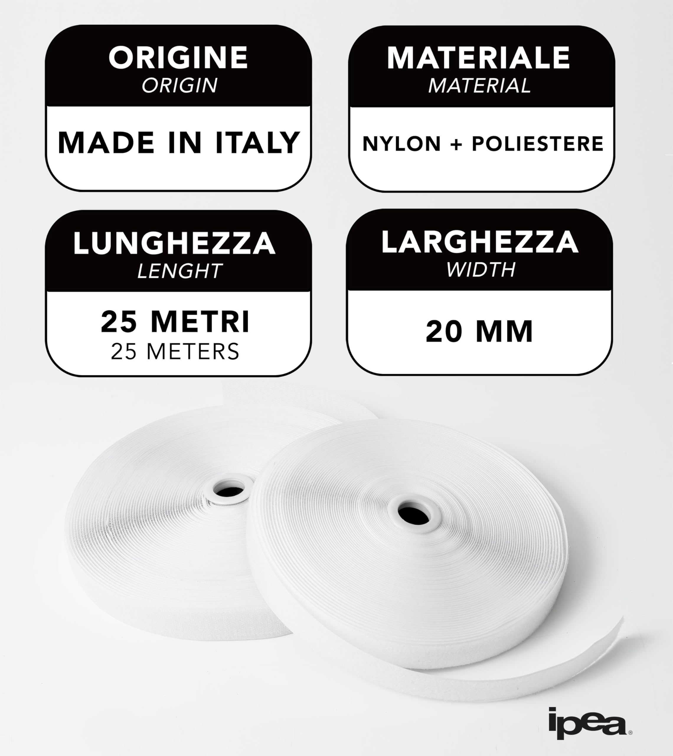 IPEA Cinta de velcro para coser, 20 mm, color blanco, 25 metros de longitud, fabricada en Italia, no adhesiva, velcro de costura para decoración, ropa, gancho y anillo