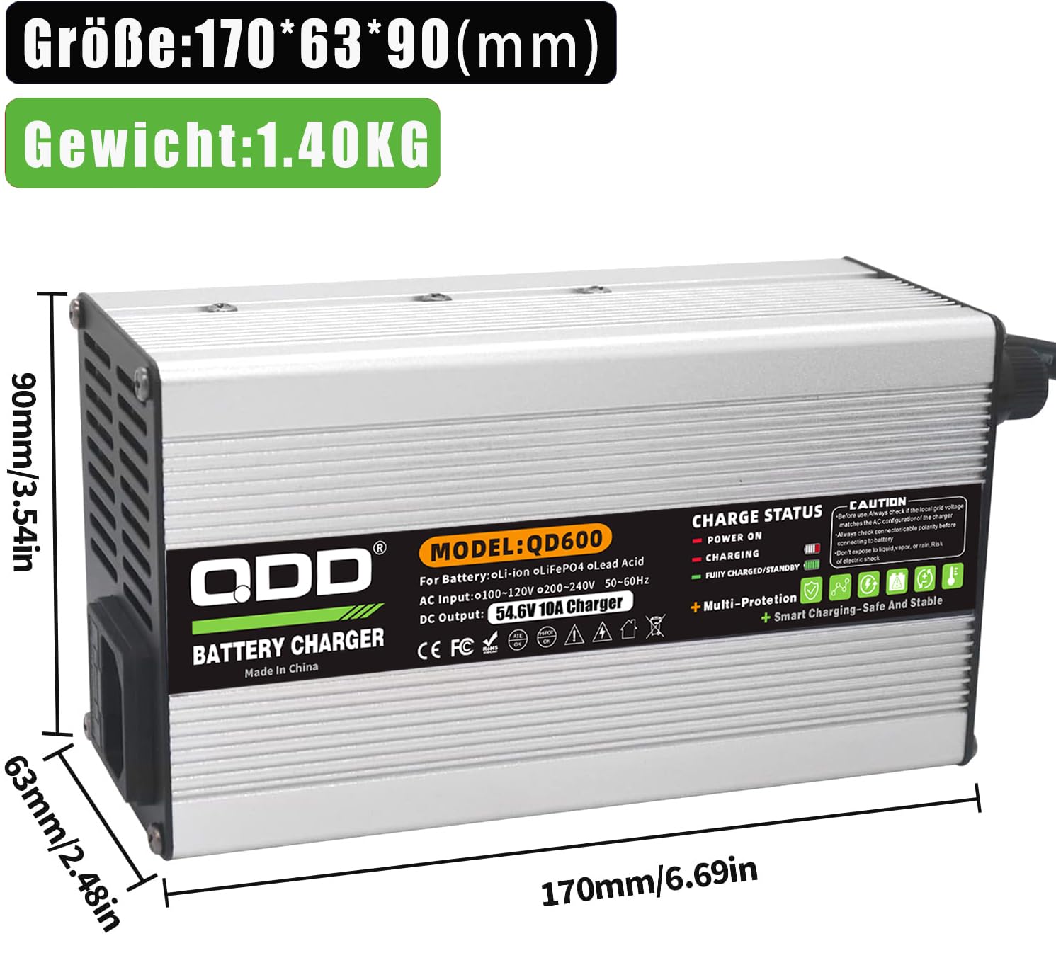 QDD Ładowarka 54,6 V 10 A, inteligentna ładowarka do akumulatorów litowo-jonowych 13S 48 V, srebrna obudowa aluminiowa, bezpieczna i trwała, z wtyczką XT60