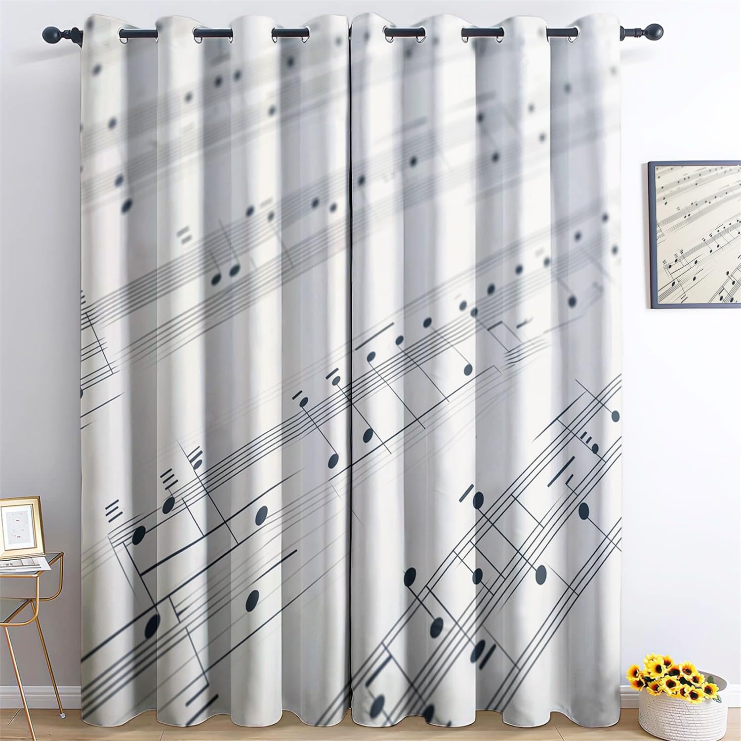 Verdunkelungsvorhänge Musiknoten für Schlafzimmer Ösen Vorhang Weiß für Schlafzimmer Ösen Vorhang B H183 x B117 cm (2er Pack)
