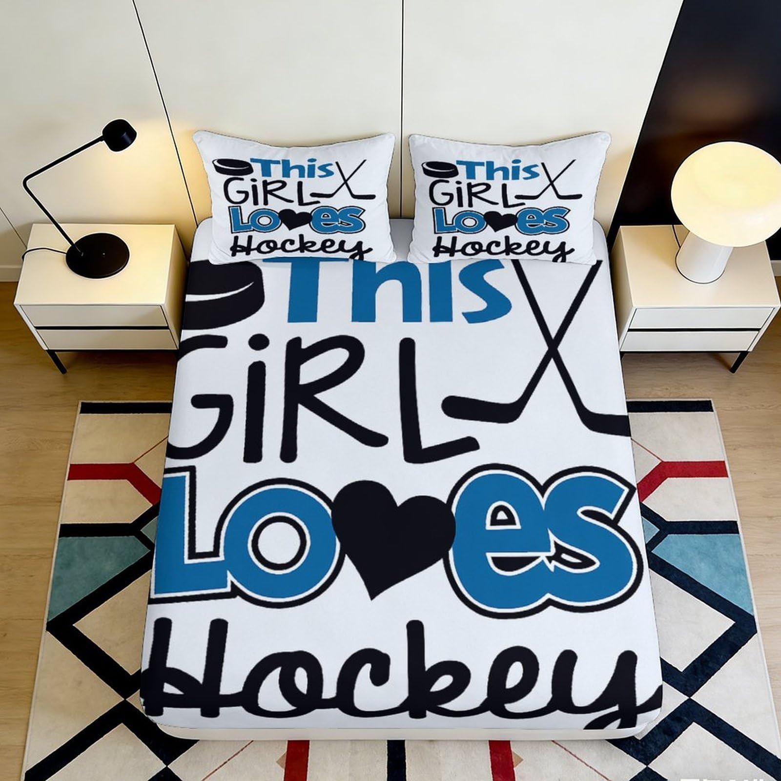 3D Printed Hockey Theme Fitted Sheet Microfiber Non-Slip Deep Pocket Hockey Mattress Fitted Cover Washable for Bedroom Bedding 140x200x25cm